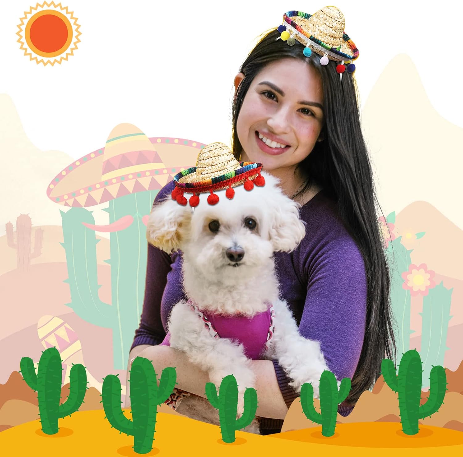JaGely 4 Pcs Cinco De Mayo Mexican Serape Poncho Costume Set Fabric and Straw Sombrero Headbands