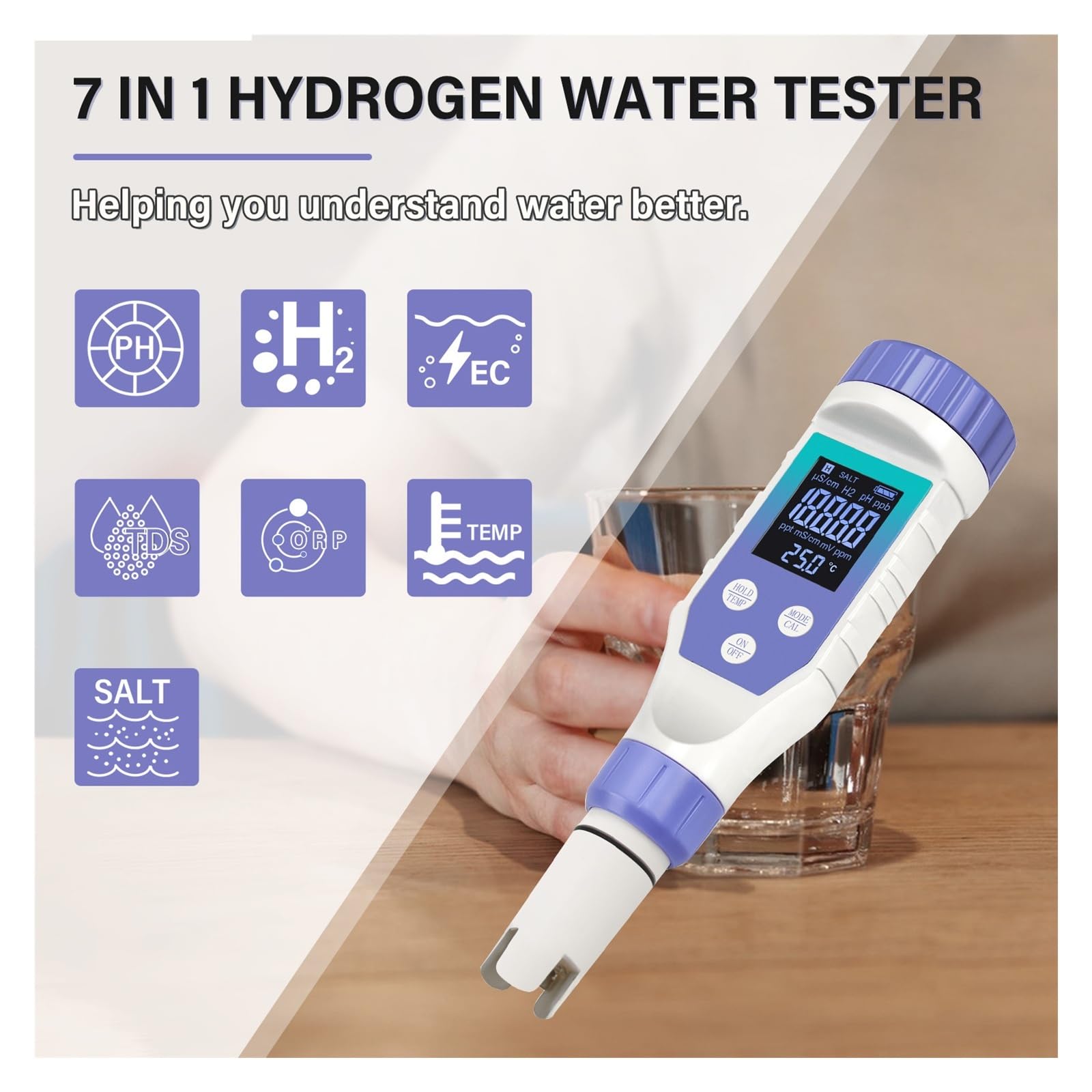 Medidor de pH con kit de calibración pH/H2/ORP/TDS/EC/SALT/Temp. Probador de hidrógeno for agua potable.