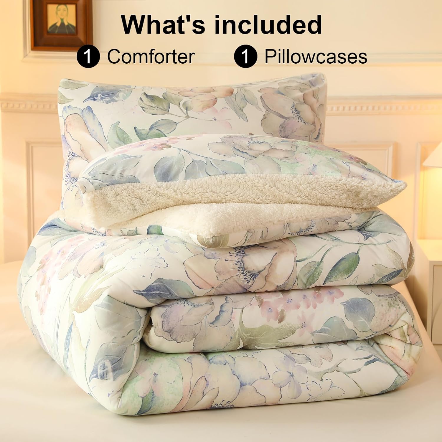 Cyusri Floral Print Sherpa Comforter Set 2Pcs Warm Fluffy Twin Size Bedding Set with 1 Pillowcase Garden Grey Flowers Pattern Down Alternative, 68"x90"