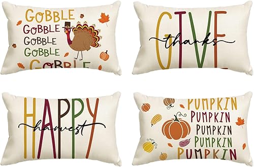 AVOIN colorlife Juego de 4 fundas de almohada de calabaza de pavo y pavo de Acción de Gracias, 12 x 20 pulgadas, con texto en inglés "Give Thanks