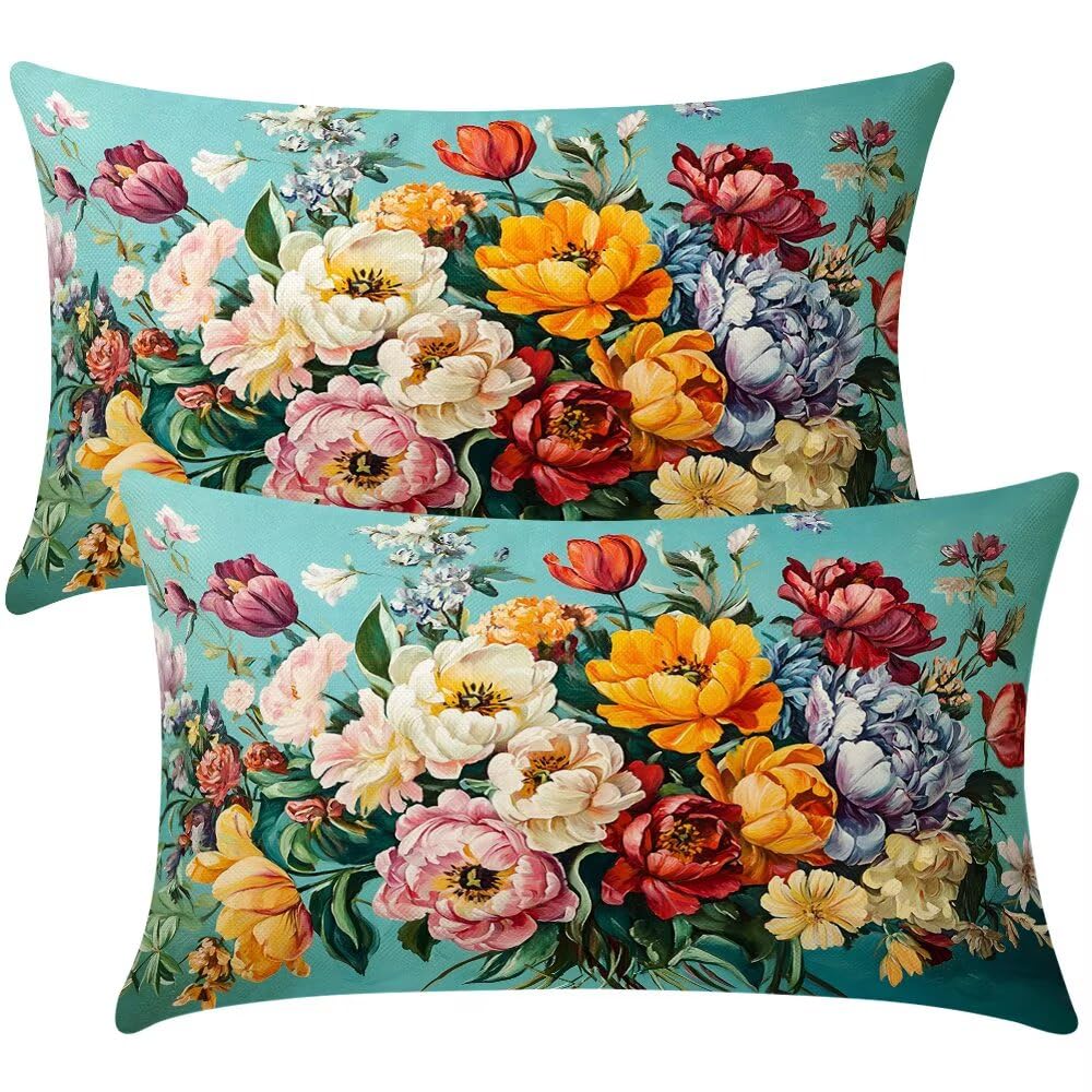 Cushion Covers 40cm x 60cm Green Cushion Cover 16 x 24 Inches Pack of 2 Throw Pillow Covers Flowers Sofa Cushions Polyester Linen Decorative Pillowcases for Couch Living Room Bedroom Home Decor -SC289