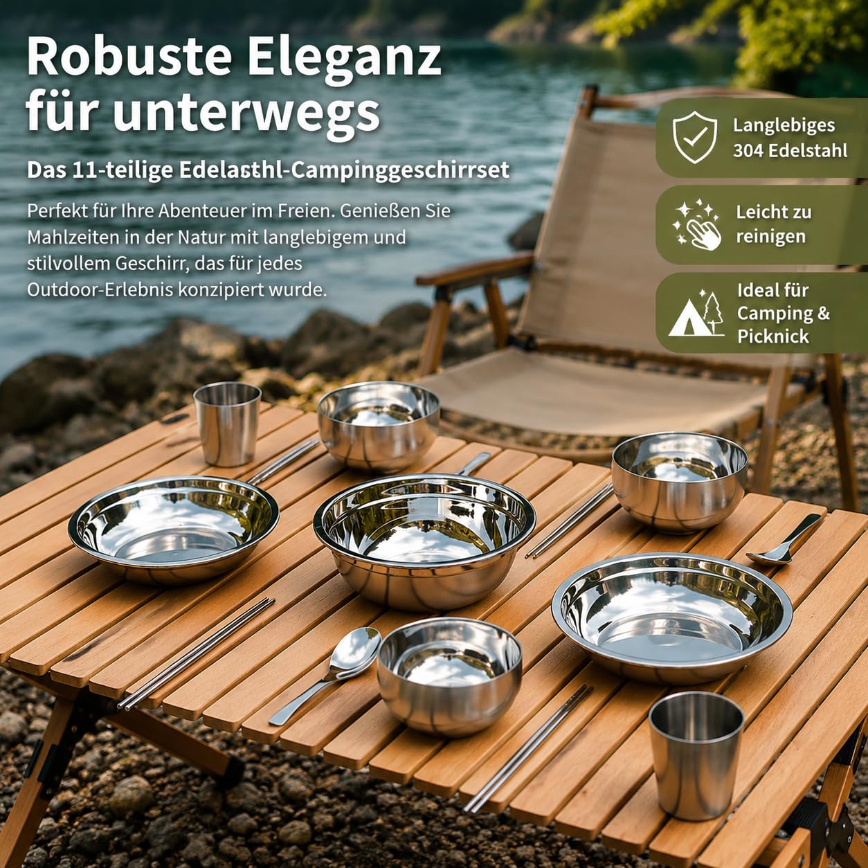 11-teiliges Camping Geschirr & Besteck Set Edelstahl – Outdoor Essgeschirr & Reisebesteck, stapelbar, 11-teiliges Set aus Edelstahl
