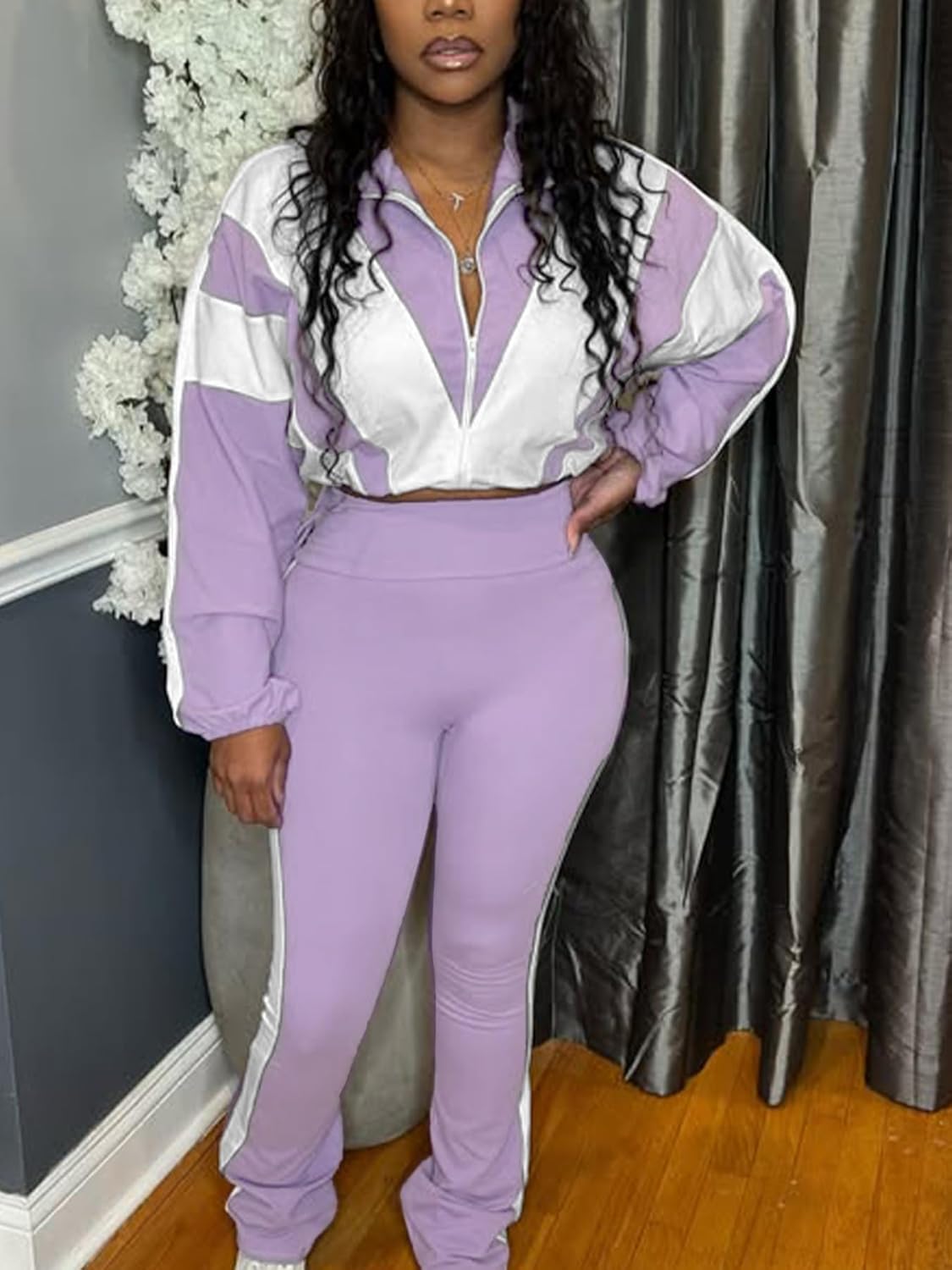 Women 2 Piece Outfit Long Sleeve Zip Up Crop Jacket High Waist Stretchy Pants - Image 4