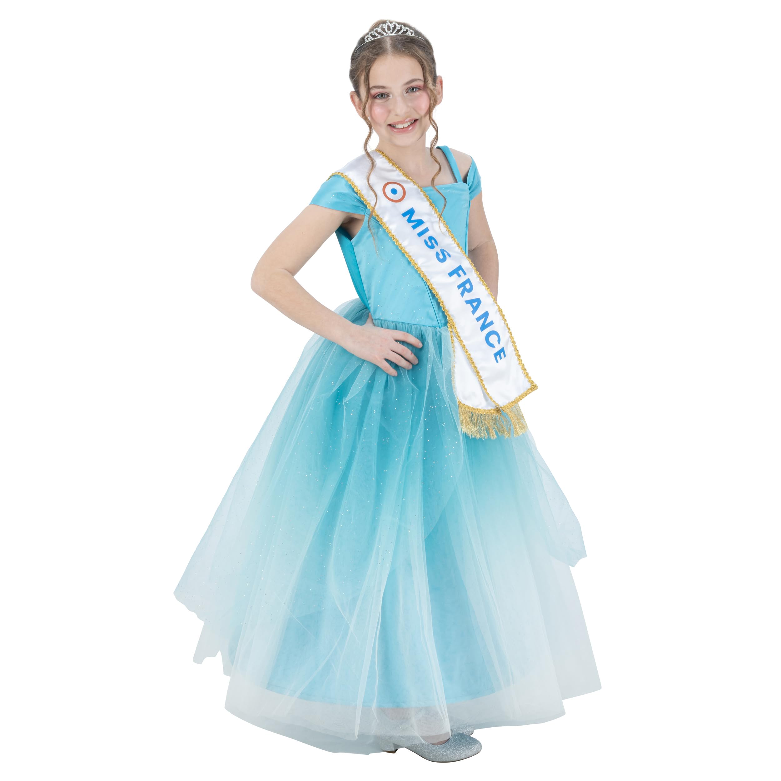 Chaks - Miss France Kinderkostüm, Kleid und Zubehör | Offizielles Miss France Kostümset, 3-teiliges Set mit Kleid, Diadem und Schärpe für Karneval und Events