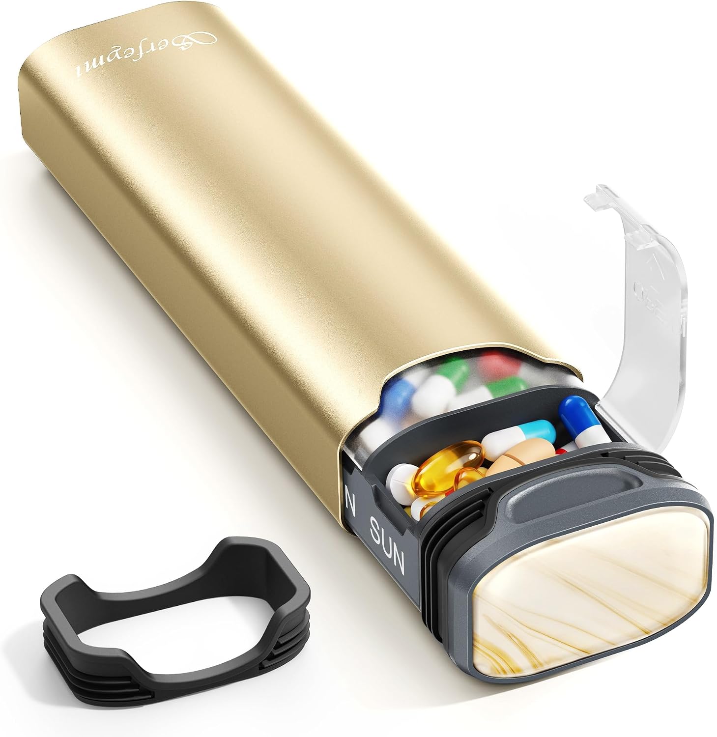 Metal Weekly Pill Organizer, Serfeymi Aluminum Daily Pill Box(Spare Gasket Provided),7 Day Pill Case Travel Medicine Organizer,Pill Containers with Individual Lid for Vitamins,Pills, Supplement-Gold