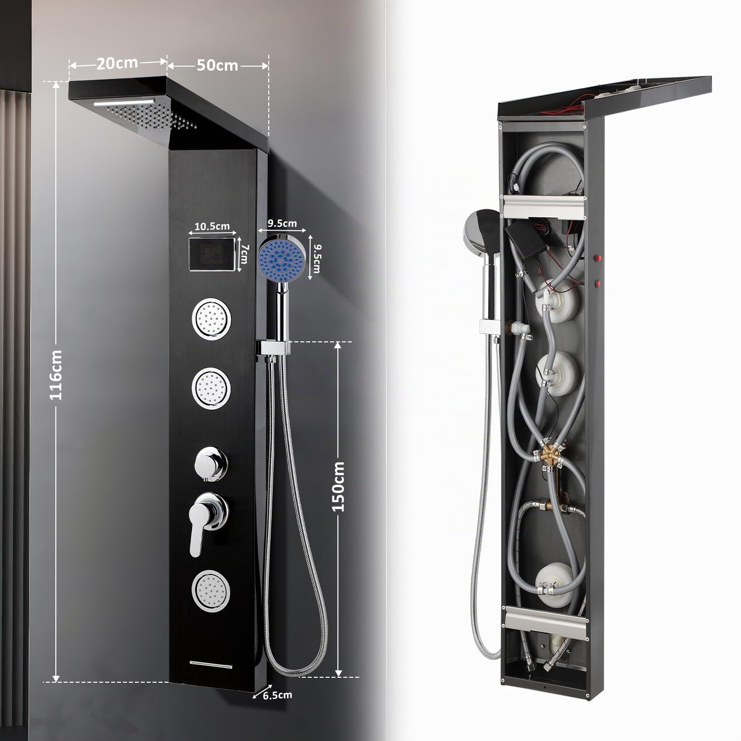 5-in-1 LED Duschpaneel – Duschsystem mit LED-Temperaturanzeige, Regendusche, verstellbaren Massagedüsen, Schwarz Design, Wandmontage für modernes Badezimmer