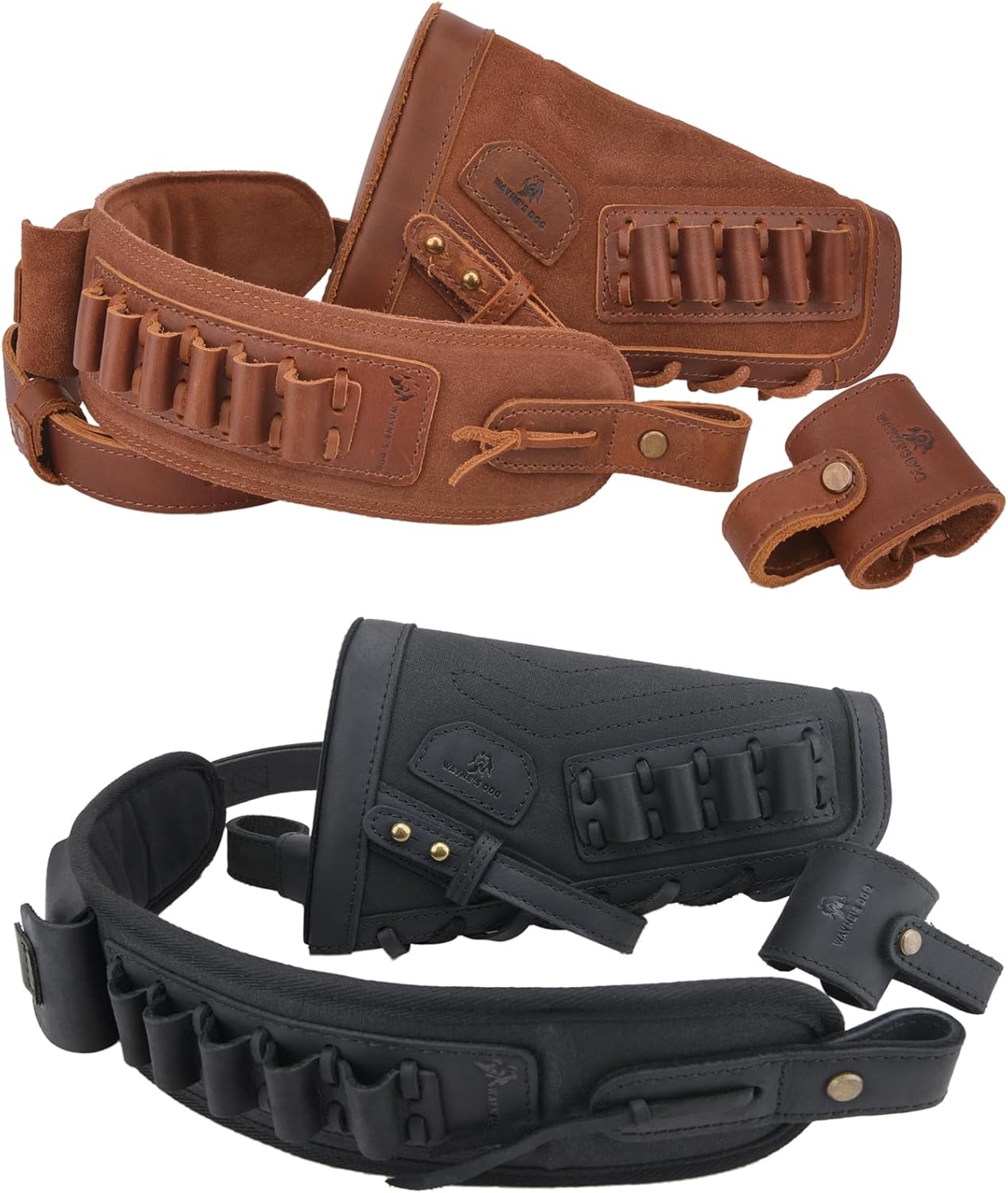 Brown Leather Gun Cheek Rest with .30-30 Shell Holder Sling, Black Canavs Buttstock with Rifle Strap for 45-70 .44mag .308
