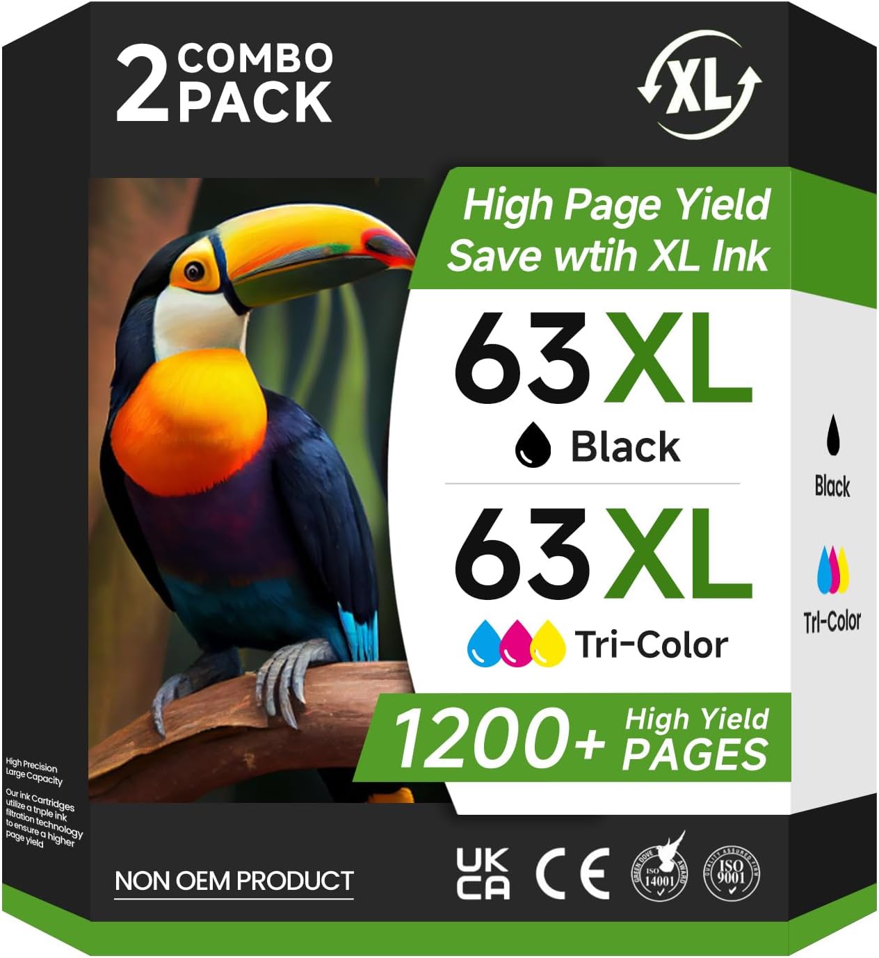 63XL Ink Cartridge Combo Pack Replacement for HP Ink 63 Printer Ink 63XL High Yield for OfficeJet 3830 4650 5258 5255 for ENVY 4520 3634 for DeskJet 1112 2132 3630 Printer(1 Black,1 Tri-Color)