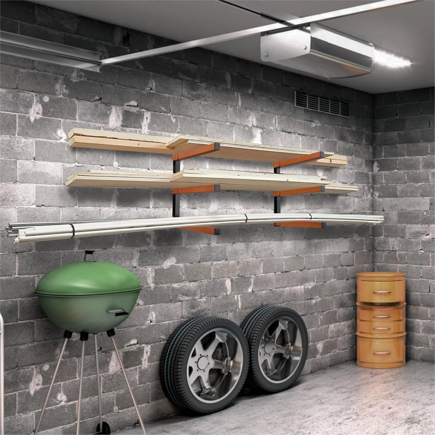 Lumber Storage Metal Rack Wall, Heavy Duty 3-Level Wall-Mounted Wood Rack Organizer for Garage Workshop and Shed (4 Pack)