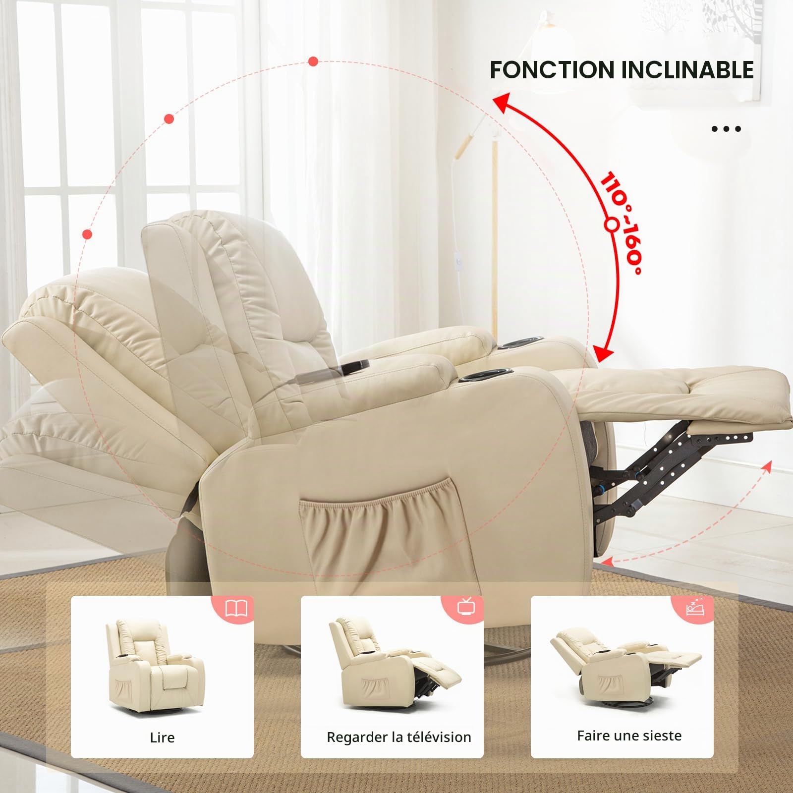 COMHOMA Fauteuil de relaxation avec dossier réglable et repose-pieds, fauteuil de salon pivotant à 360° en cuir synthétique avec porte-gobelets et poches latérales, soutien ergonomique pour tout le
