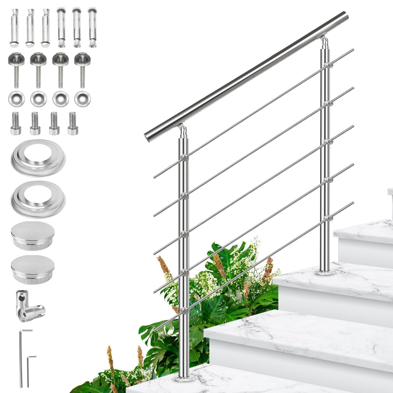 Corrimano in acciaio inox, ringhiera per scale esterne ed interne, 120 cm, Ø 42 mm, con 5 barre trasversali e accessori, ringhiera per scale regolabile ad angolo per giardino, ingresso