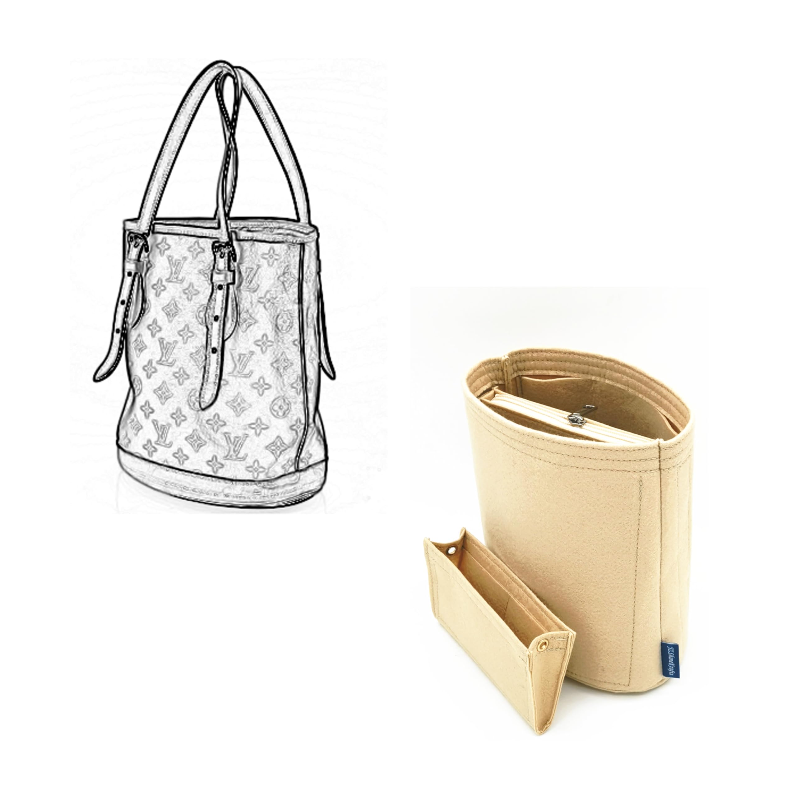 Monogram Canvas Bucket GM Organizer,Monogram Canvas Bucket GM Insert,Purse Insert Organizer.（Beige-GM）