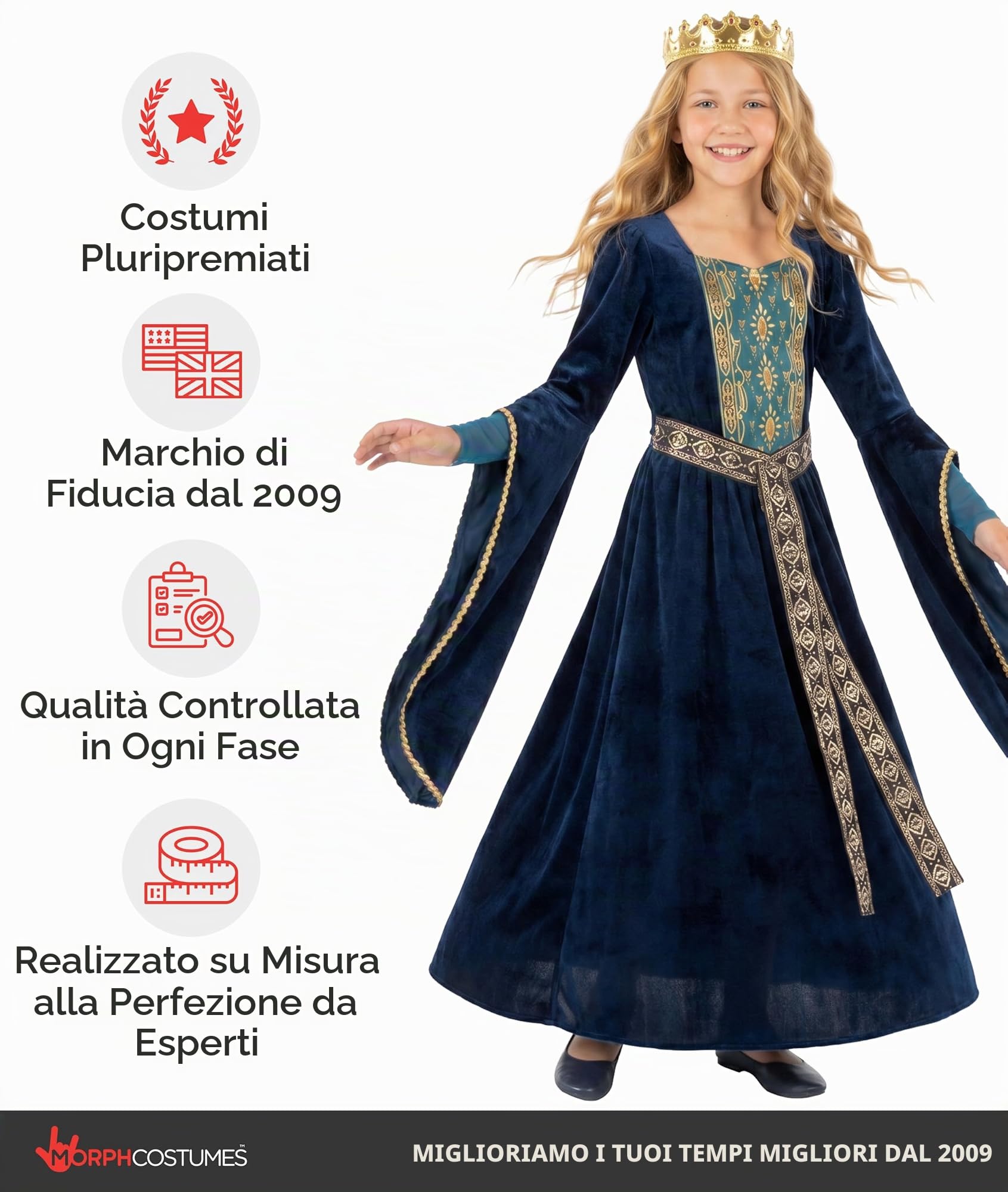 Morph Costume Principessa Medievale Blu per Bambina, Vestito Medievale Dama Rinascimentale per Bambine