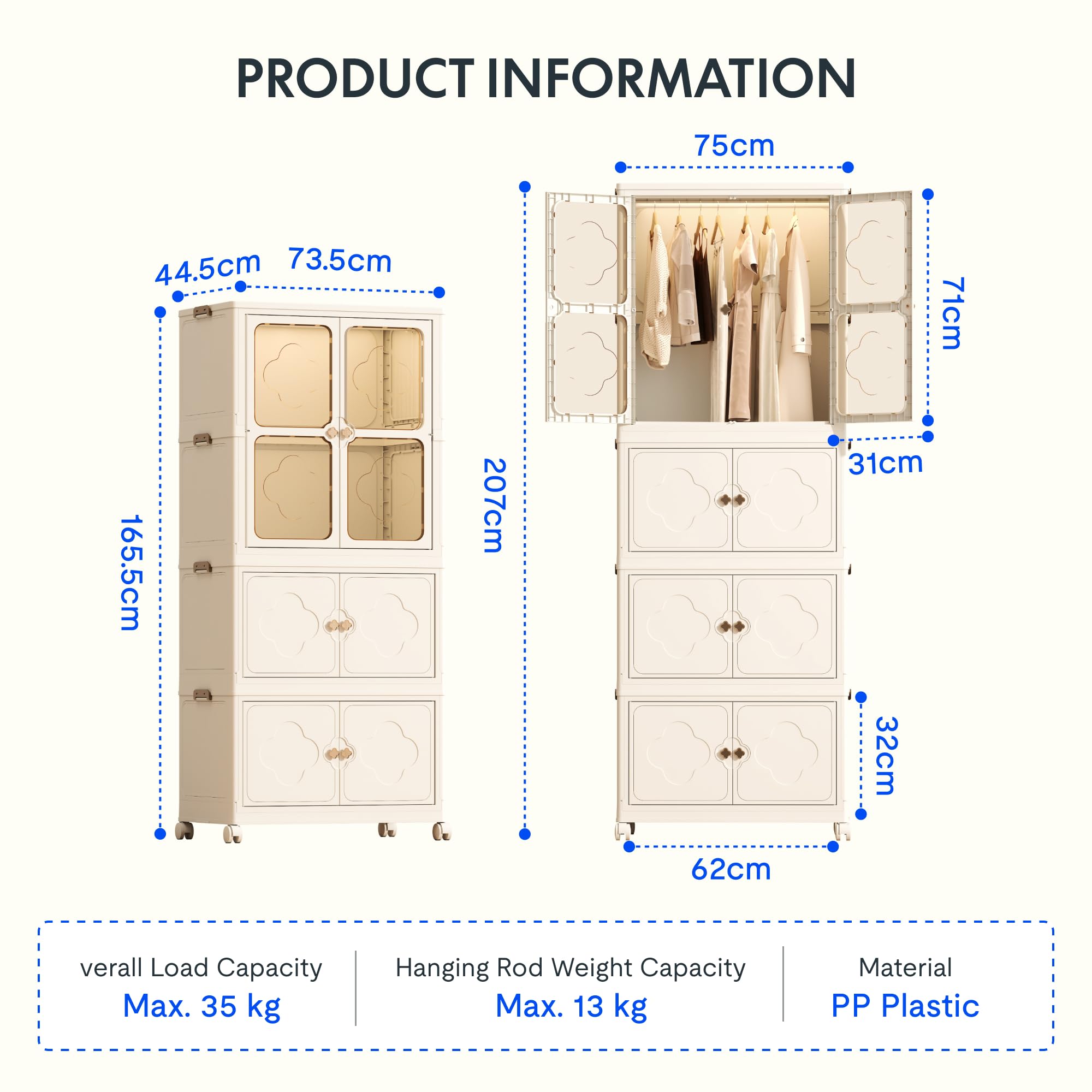 FLEXISPOT Kleiderschrank Children's Wardrobe Aufbewahrungsbox mit Deckel Aufbewahrungsbehälter (Weiß, 2 SET)