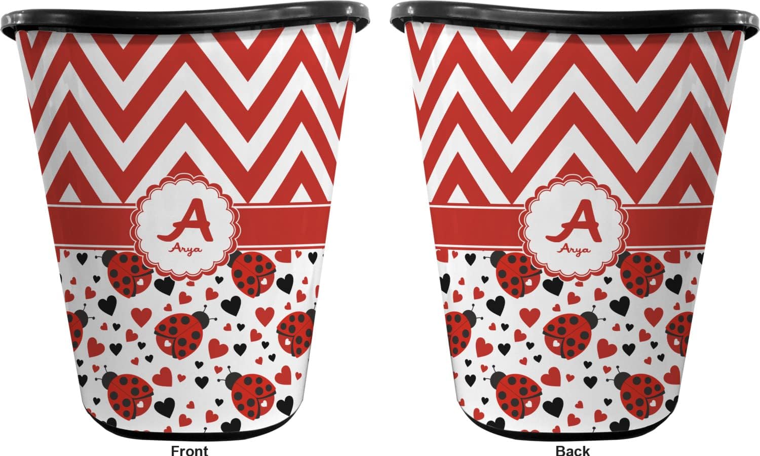 Personalized Ladybugs & Chevron Waste Basket - Double Sided (Black)