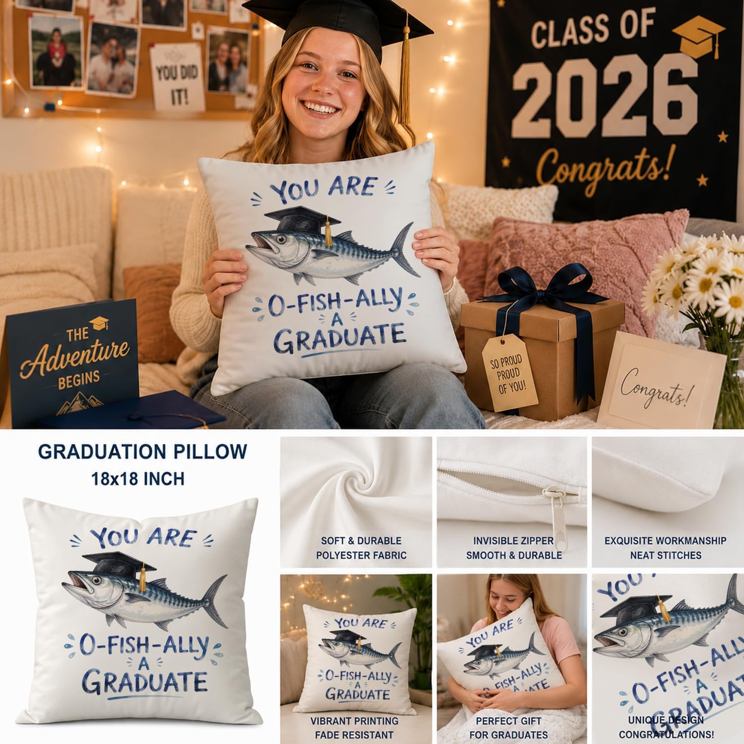 Funny Fish You are O-Fish-Ally a Graduate Throw Pillow Cover 18x18 Inch, Humorous Graduation Cap Lumbar Pillow Case for Couch Sofa Bedroom Dorm, Funny Graduation Gifts Class of 2026 image 2