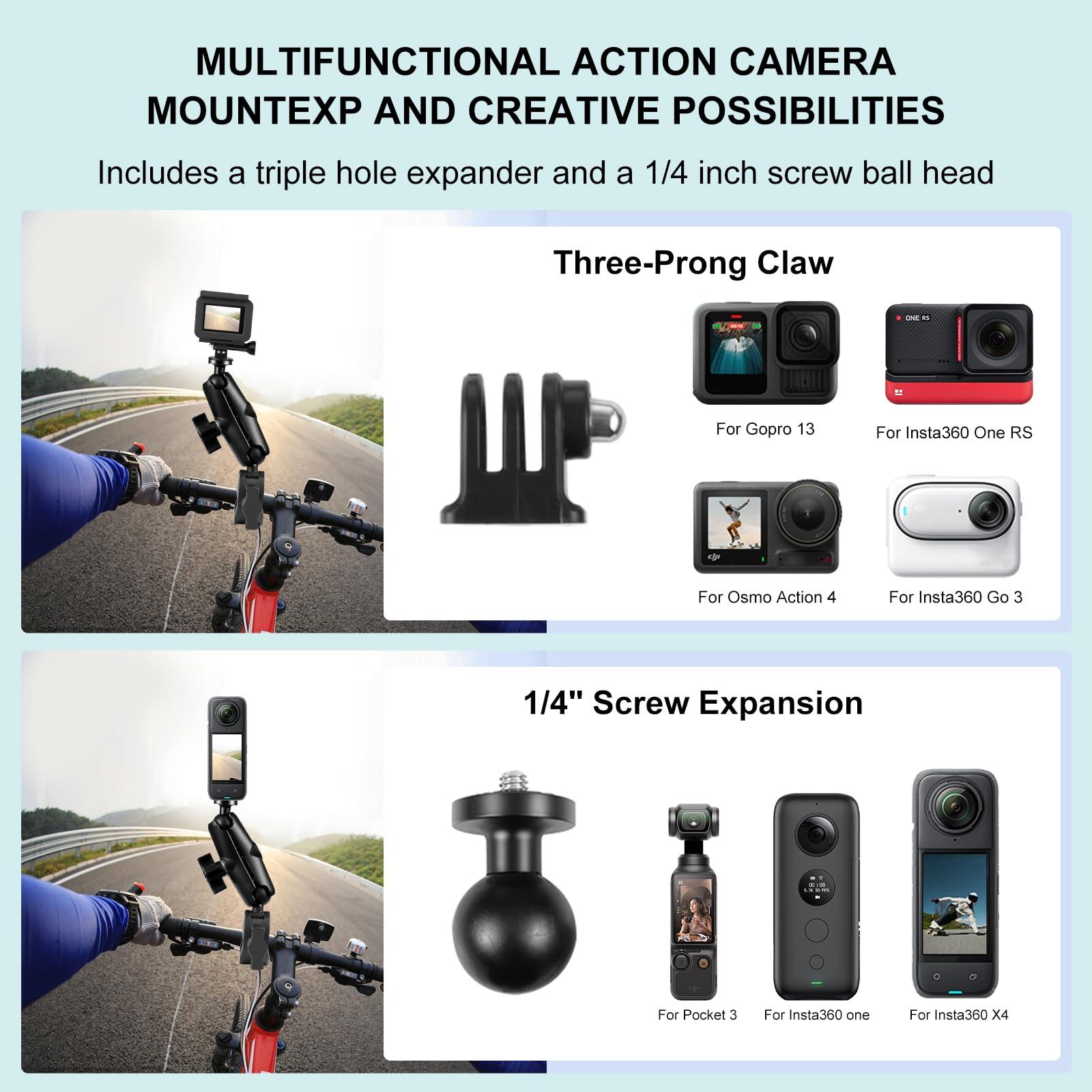 PULUZ Supporto per fotocamera da moto con 2 granchi a doppia testa e bastone per selfie da 150 cm, set per riprese in prima persona, supporto per manubrio bicicletta Insta360 X4 X3 X2 ONE RS R ace