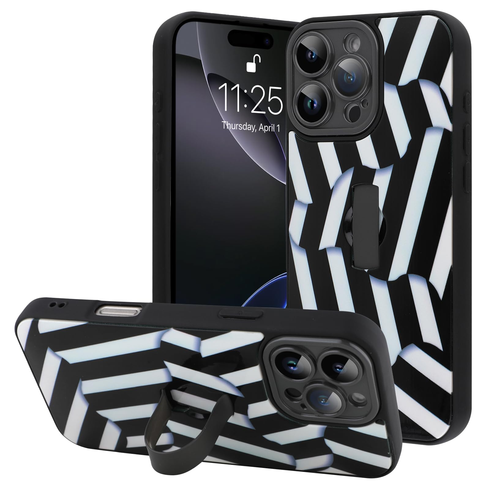jueaes for iPhone 16 Pro Max Case with Finger Hand Strap Kickstand, Unique Trendy Striped Pattern Design, Full Camera Protection Shockproof Phone