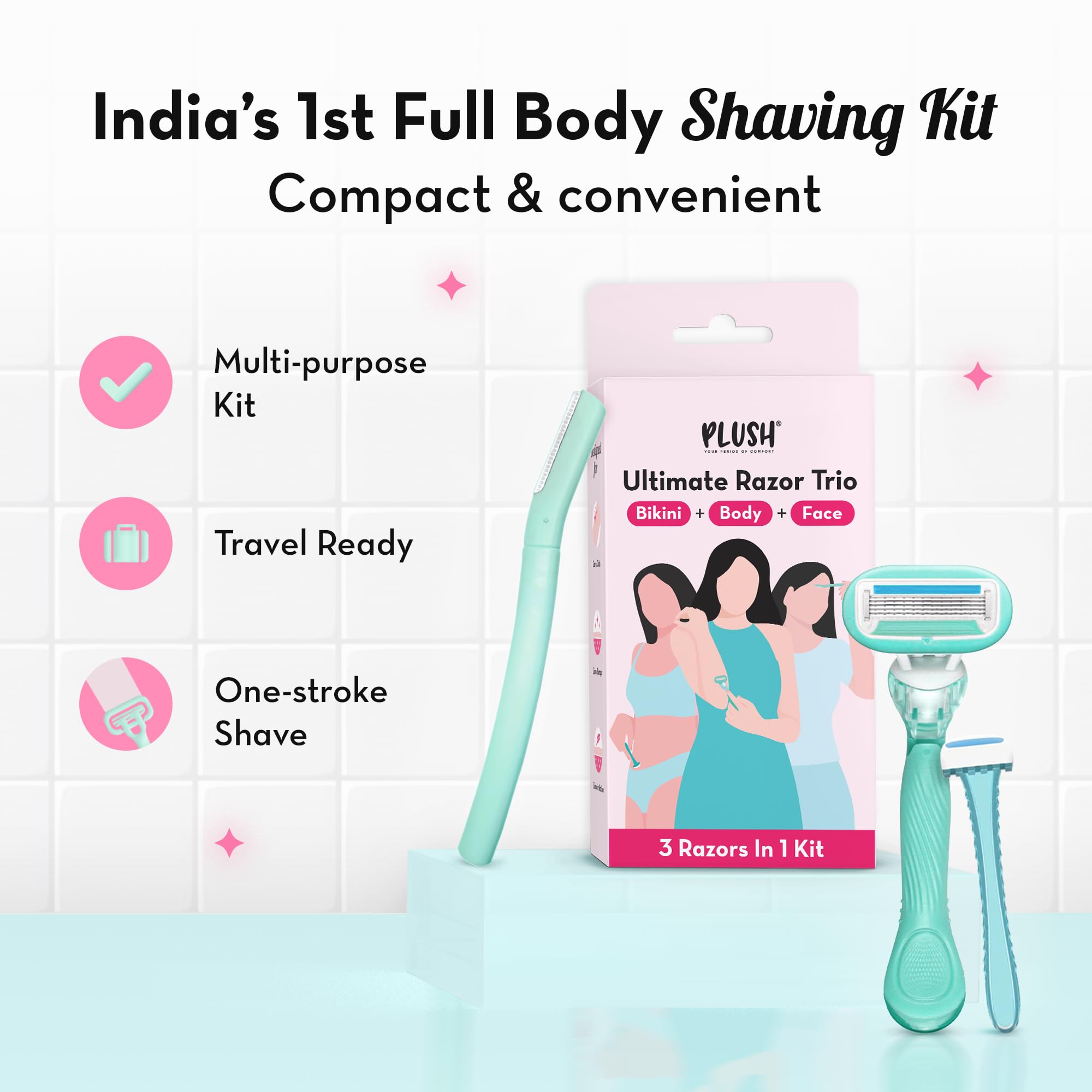 Plush The Ultimate Razor Trio Kit | Bikini, Body & Face Razor for Woman | 3-in-1 Hair Removal Kit | Smooth, Precise & Gentle Shave | Travel-Friendly & Easy to Use | Zero Cuts & Bumps 4