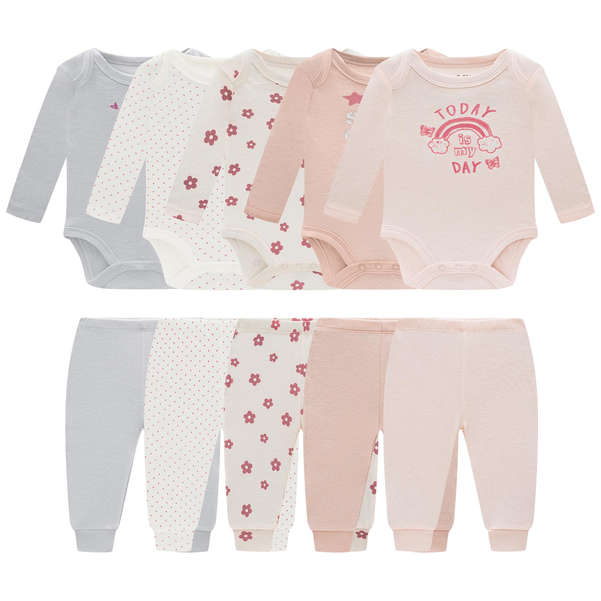 Baby Newborn Layette 10-Piece Clothing Sets Soft Cotton Bodysuits Pants Sets for Baby Boys Girls Toddler Unisex
