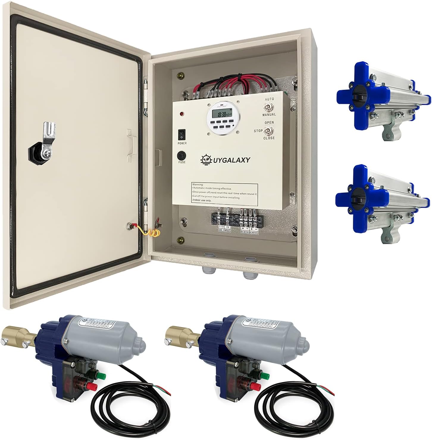 UYGALAXY Side Roll up Motor System, 2 Packs 24V Electric Greenhouse Film Roll Up Motors + 2 Packs Creeper + Transformer Timer Controller Joint Box (AC110V to DC24V) for Automatic Greenhouses Venting