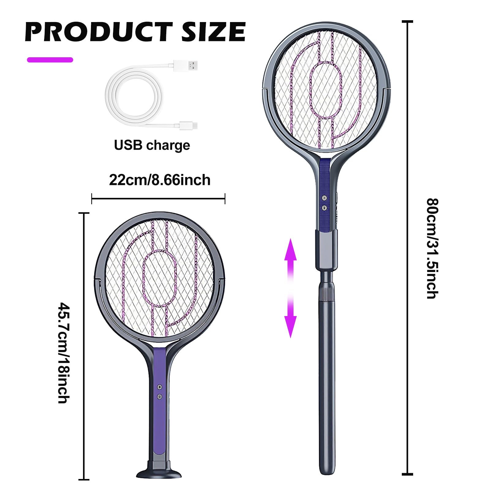 Tapette à Mouches électrique, Tête Rotative Rechargeable, Piège à Mouches électrique avec Rallonge Télescopique Répulsif anti-Moustiques 2 en 1, Tapette à Mouches Rechargeable USB pour Chambre Cuisine