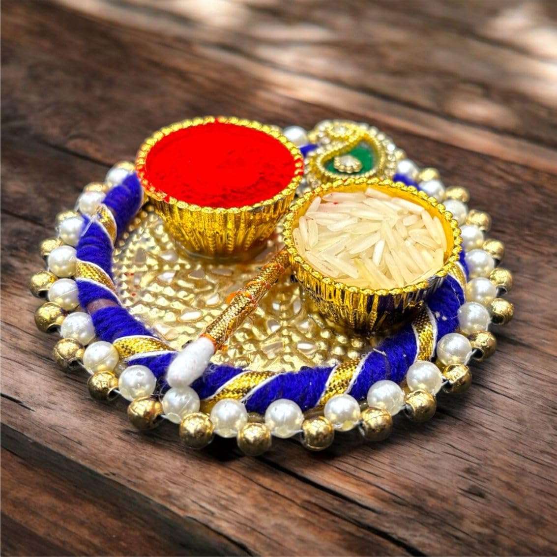Smaran Handcrafted Meenakari Kumkum Chawal Thali Set with 2 Vatis - Decorative Stainless Steel Tilak Plate for Puja, Rakhi, Wedding, and Diwali - Religious Gift for Home and Mandir (Gold)-image-14