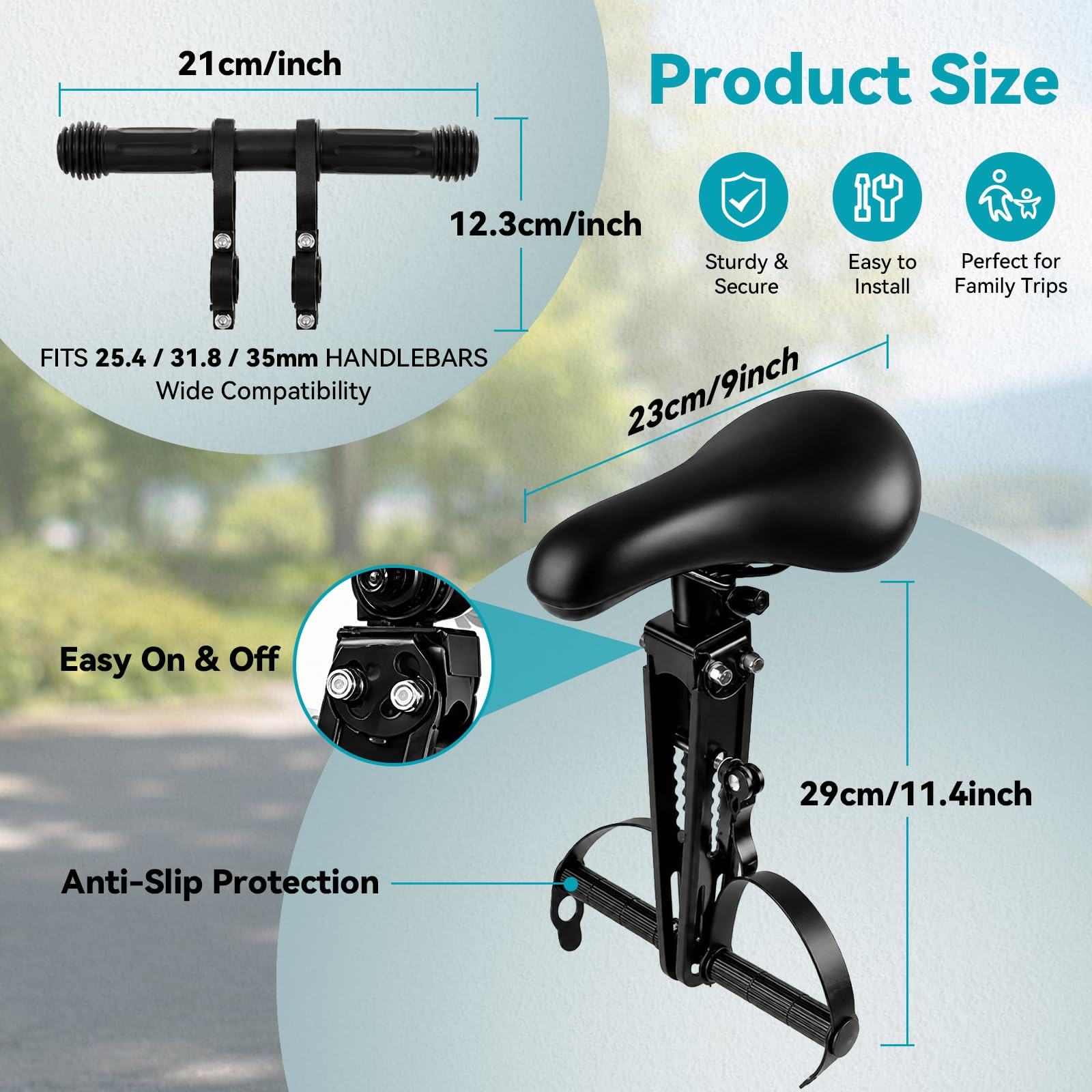 Avant Selle Velo Enfant, Siege Velo Enfant Avant | Siège vélo enfant 2–6 ans, siège PU, support aluminium, poignée de maintien, repose-pieds, pour la plupart des VTT