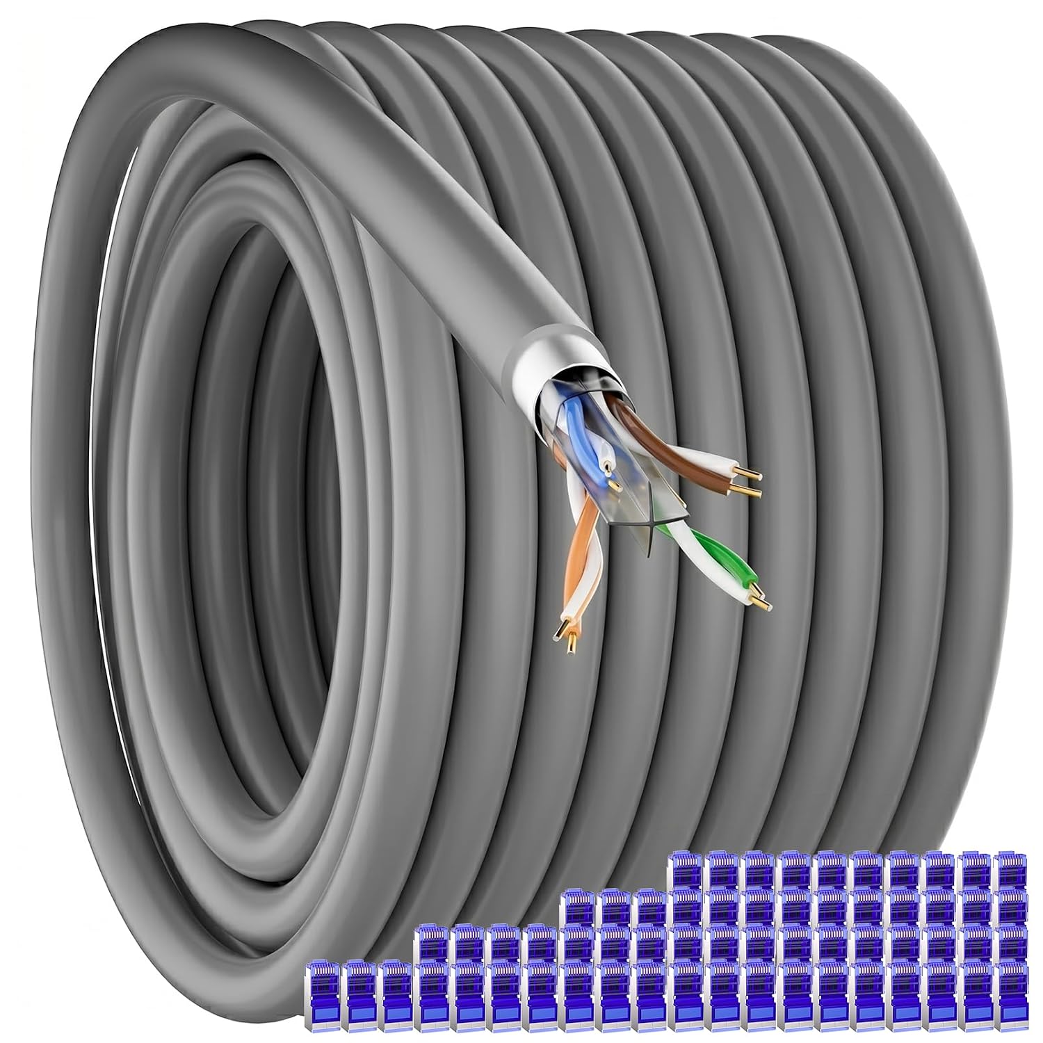 Cat 6 Shielded Ethernet Cable 500ft Outdoor (30 RJ45), 23AWG Cat 6 Outdoor Ethernet Cable Bulk, FTP, Heavy Duty, Direct Burial, Grounded, UV Resistant / Waterproof, Network, Internet, LAN, for Router
