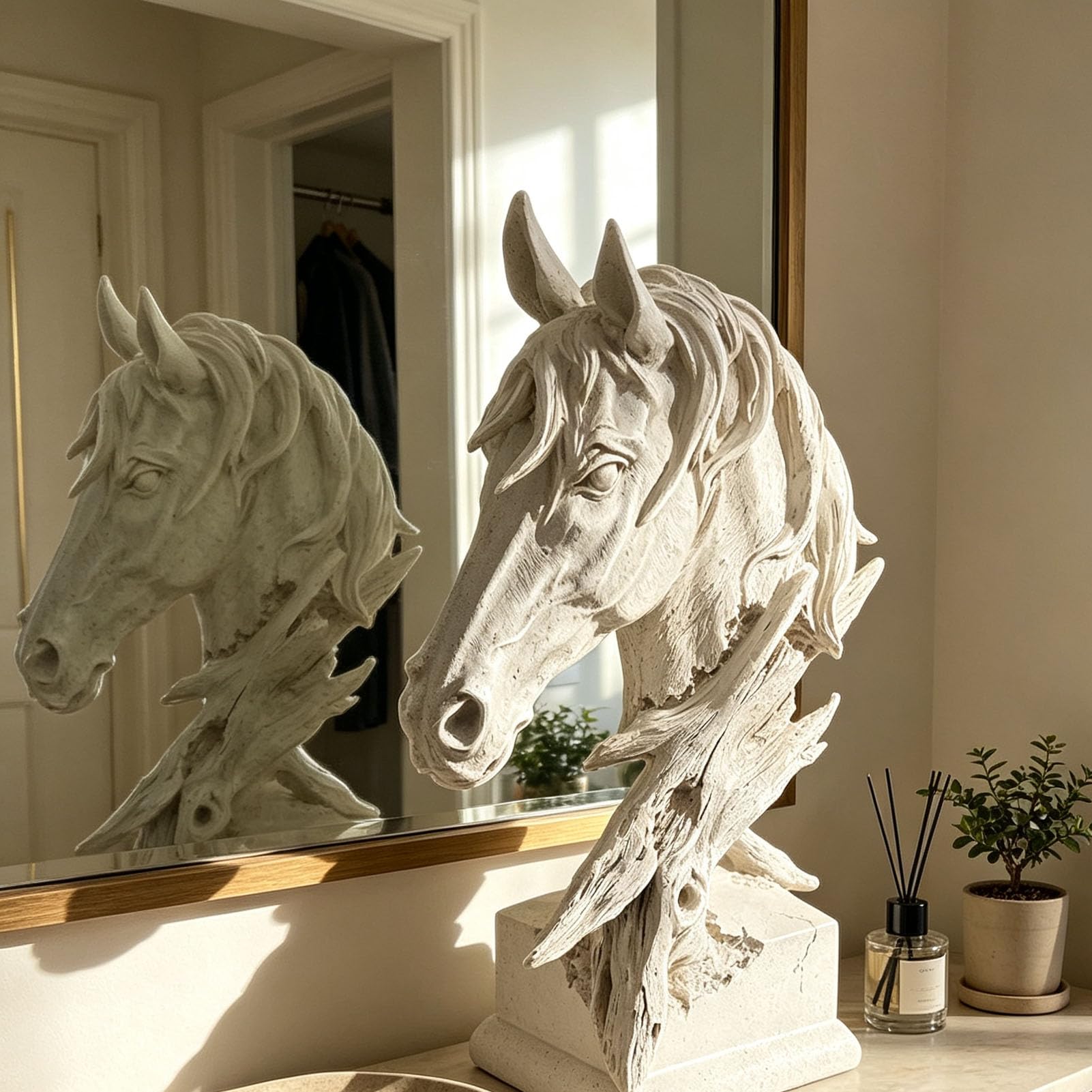 Escultura de Resina de Estatua de Cabeza de Caballo con Acabado de Piedra