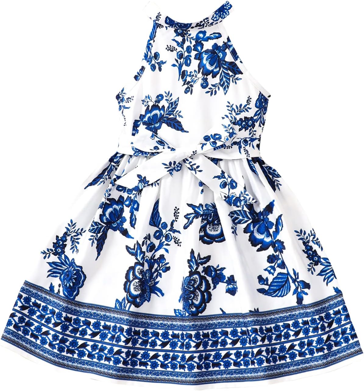 WDIRARA Toddler Girl's Floral Print Sleeveless Belted Halter Ruffle Hem Boho A Line Dress