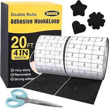 Navona 20Ft x 4 Inch Heavy Duty Hook and Loop Strips with Adhesive, Black