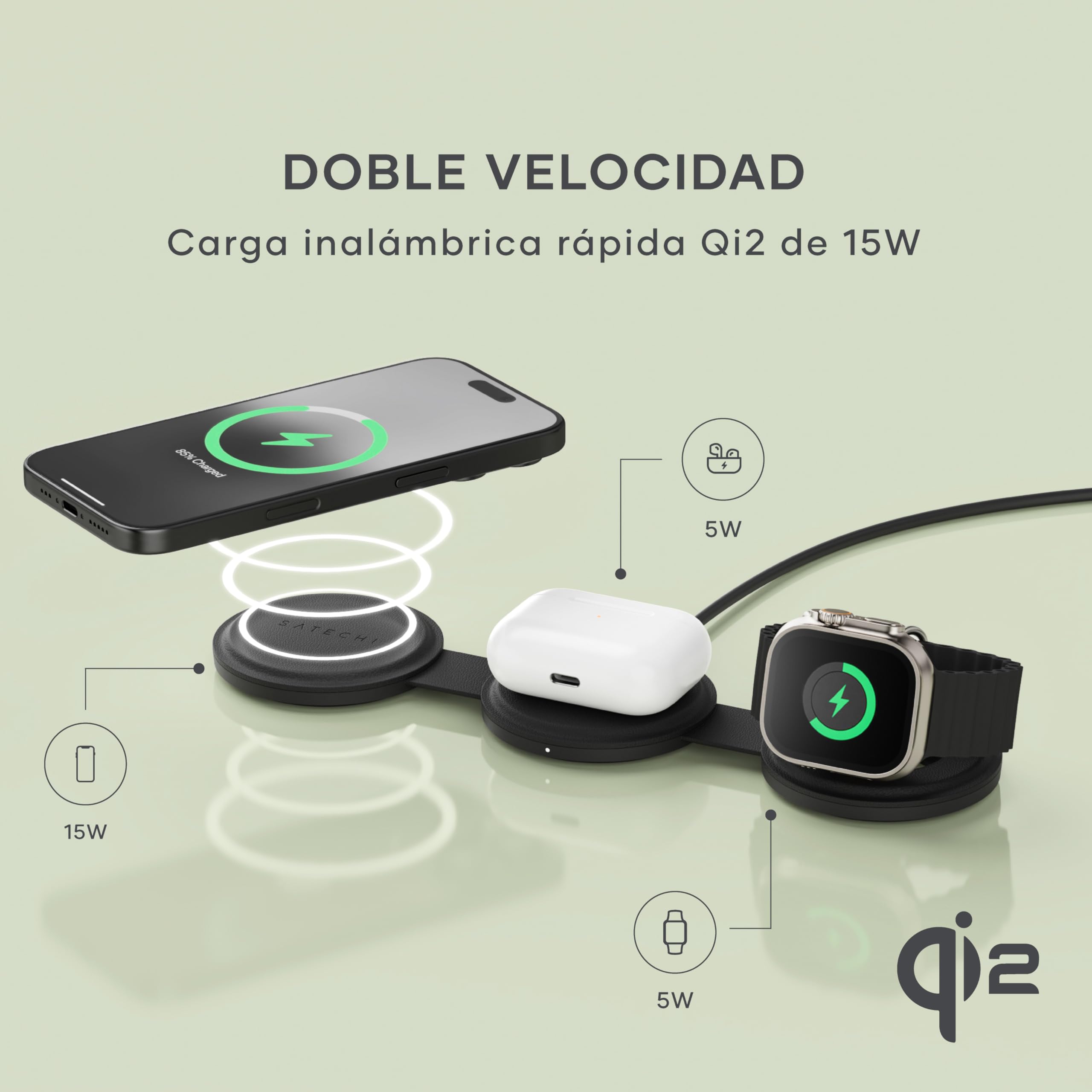 SATECHI OntheGo 3 en 1 Cargador Inalámbrico Qi2 15W, Negro | 15W para iPhone, 5W para Apple Watch y AirPods, diseño compacto para viajes, compatible con iPhone 17 a 12 y más