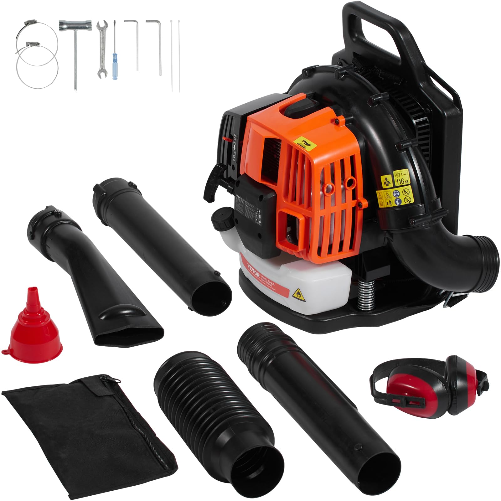 VEVOR Soplador de Hojas de Mochila, Soplador de Hojas de Gas de 2 Ciclos de 63 CC con Tanque de Combustible de 1,89 L, Volumen de Aire de 1110 CFM, Velocidad de 220 mph, para el Cuidado del Césped