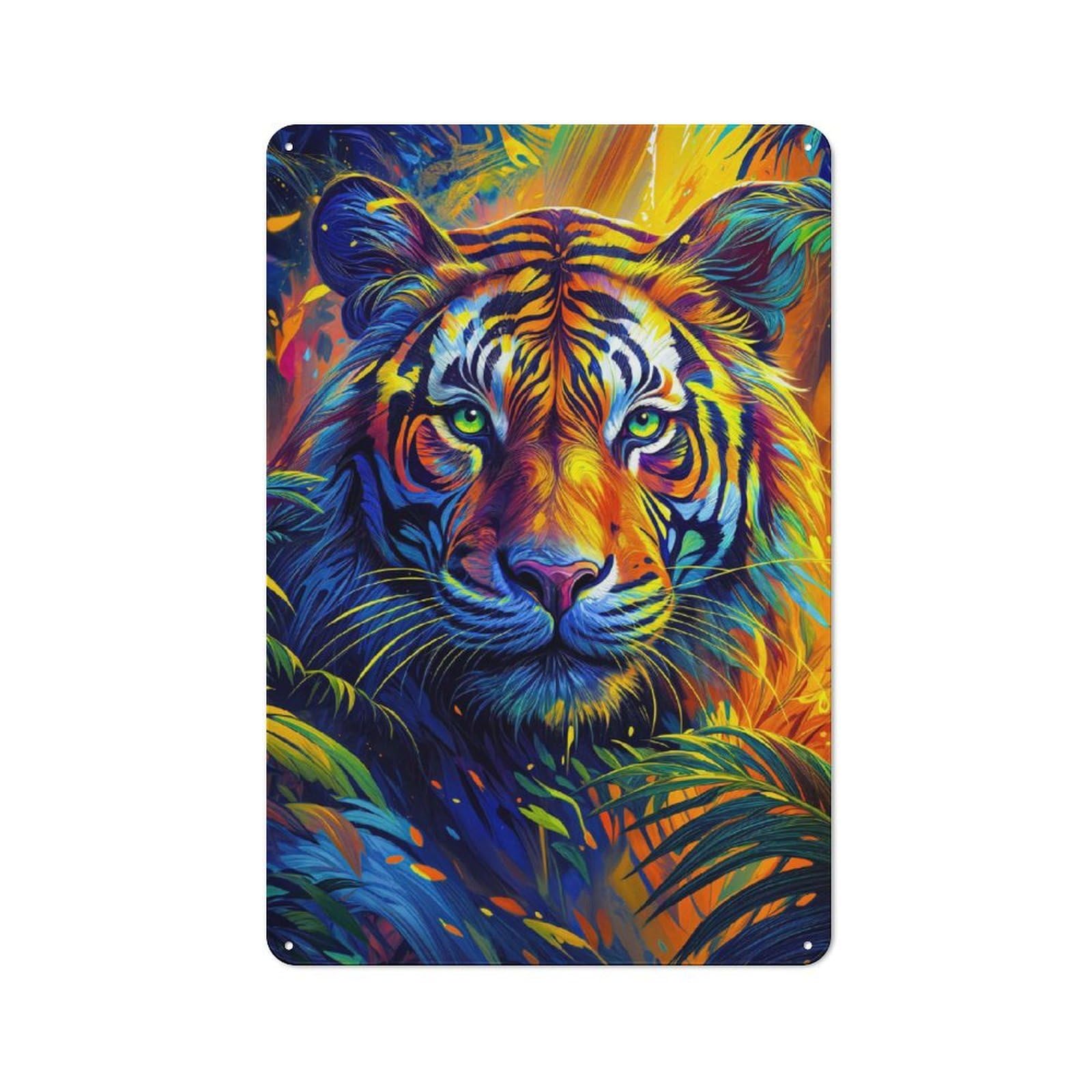 Junmoney Style-17 Colorful Tiger Portrait In Jungle Vintage Tin Wall Plaque 30X20cm For Hobby Room Or Studio, A Decorative Metal Sign For Hobby Rooms And Studios
