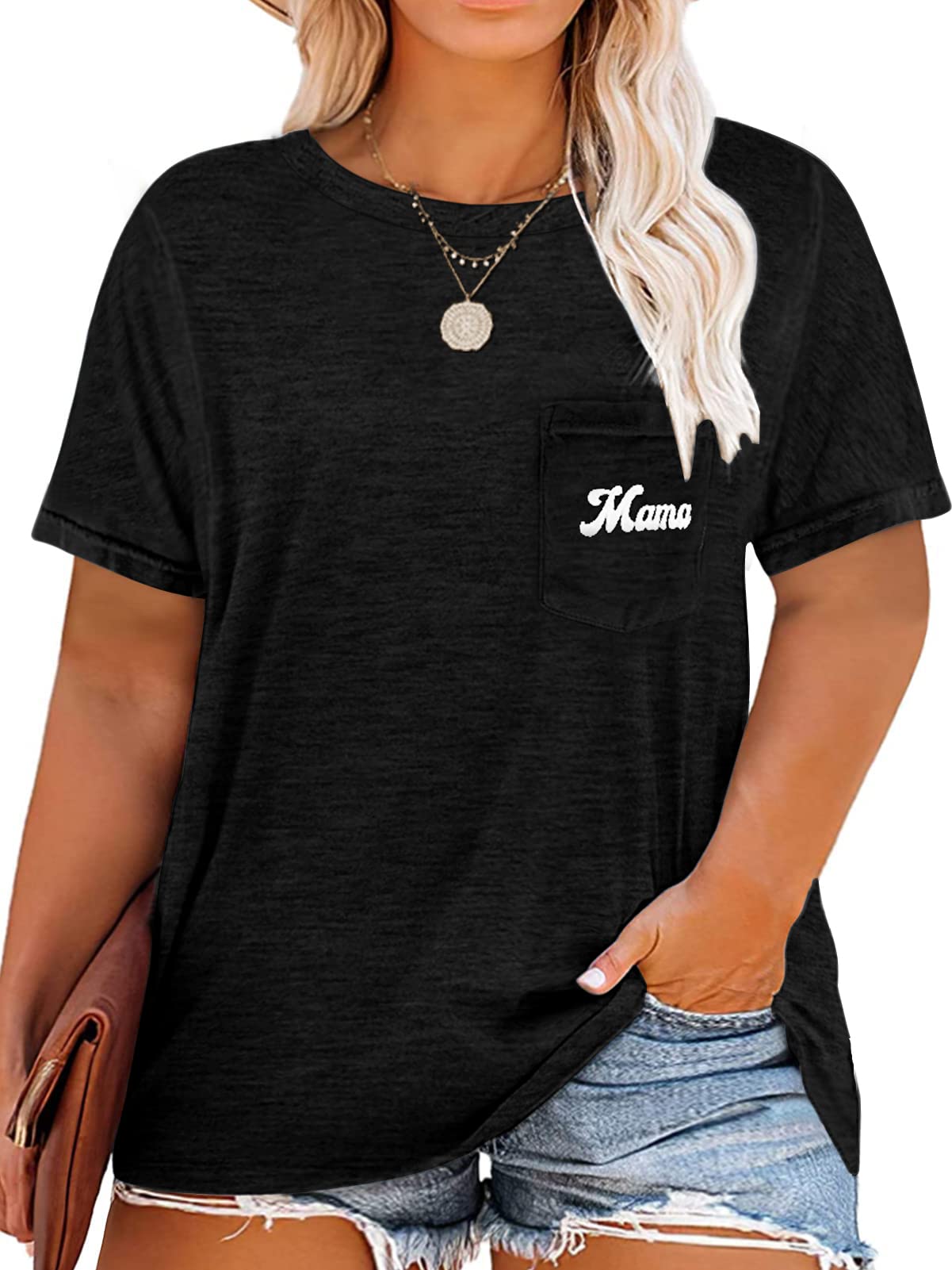 NIUBIAWomens Plus Size Shirts Letter Print Basic Crew Neck Tee Summer Short Sleeve T-Shirt with Pockets Loose Fitting Tops