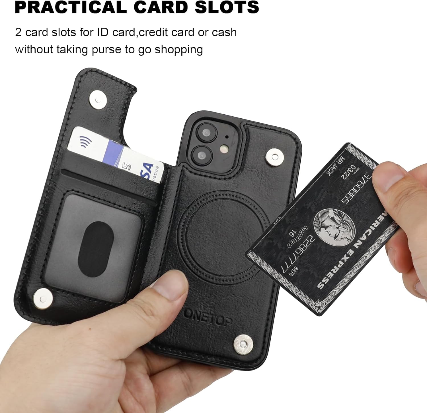 ONETOP Compatible with Magsafe for iPhone 12 Mini Wallet Case with Card Holder, PU Leather Kickstand RFID Blocking Case, Double Magnetic Clasp and Durable Shockproof Cover 5.4 Inch (Black) - Image 4