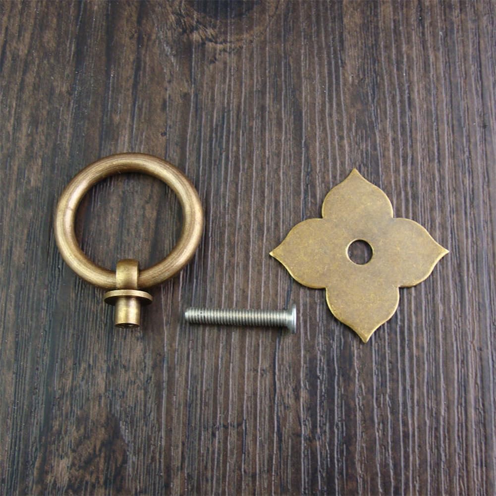 4pcs Copper Cabinet Pull Handle Antique Decoration Pull Handle Ring Pull Handles with Four-Leaf Clover Base for Dresser Drawer Cupboard - Brass Core Drawer Knobs (Bronze)