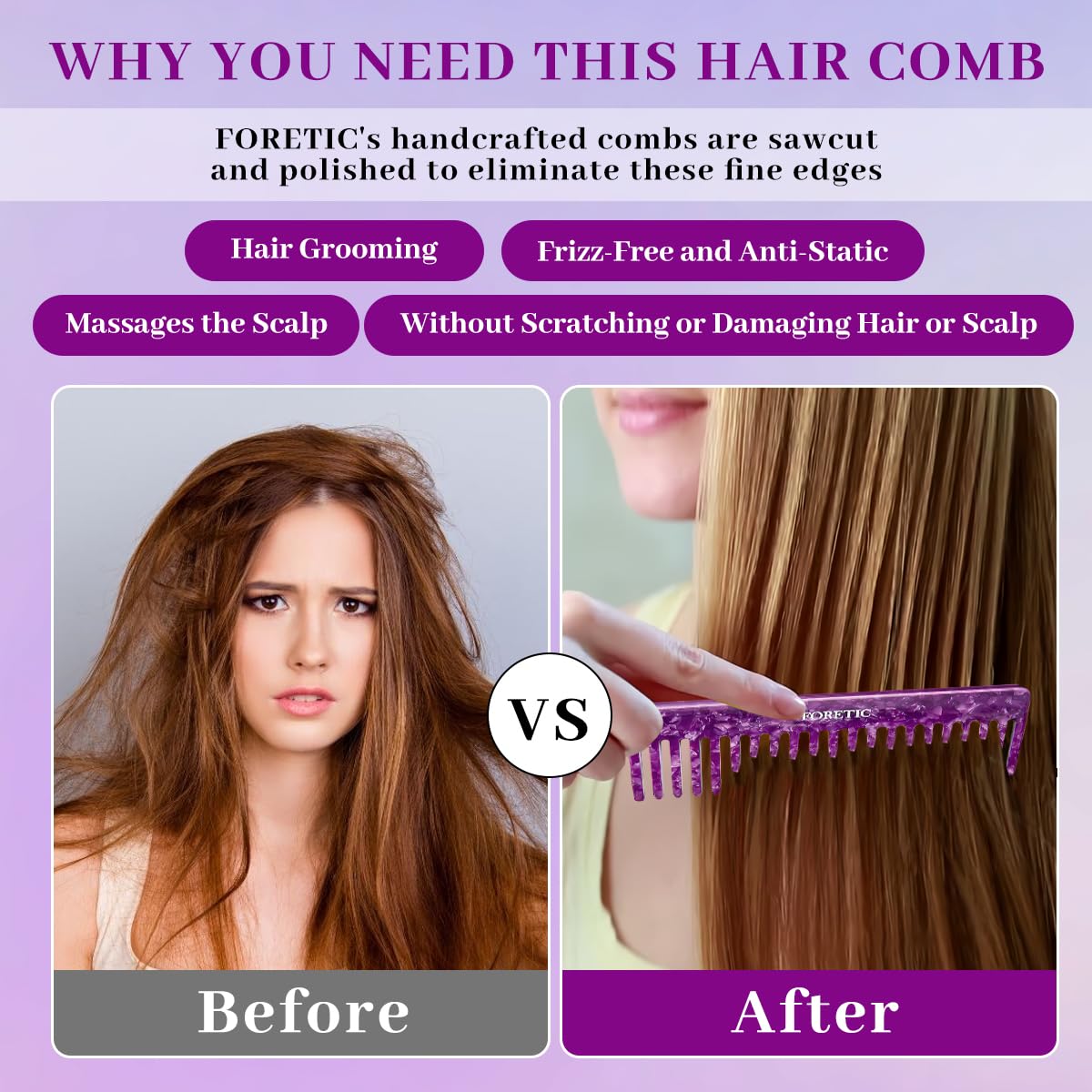 Peine grande de dientes anchos violeta brillante para mujeres, hombres y niños, hecho a mano, para cabello rizado. Peine desenredante de cabello largo y corto para uso húmedo y seco. Peine profesional 4