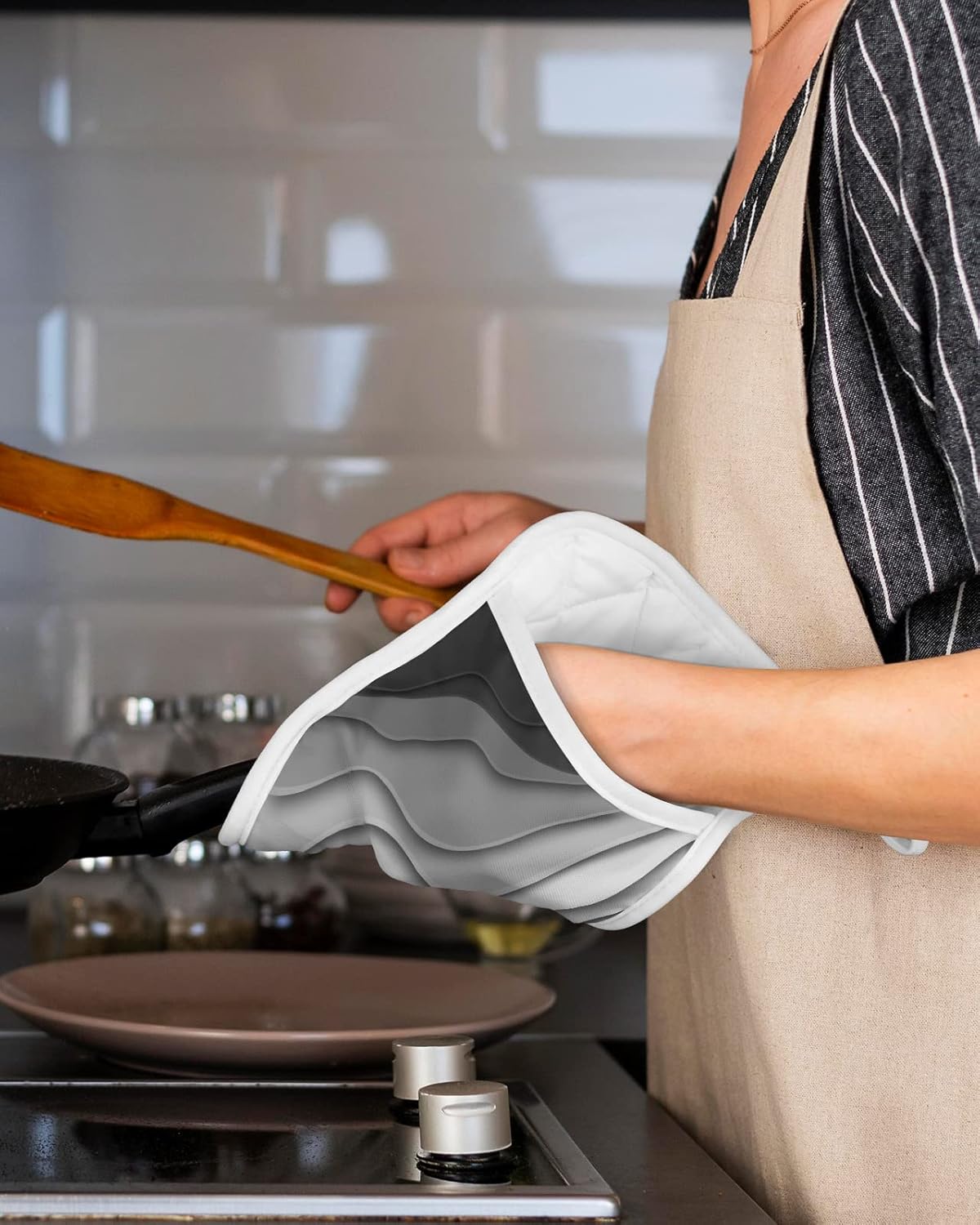 5 Pack Pot Holder with Pocket, Black Grey Ombre Gradient Water Ripple Kitchen Potholders Heat Proof Non Slip Pot Holders Sets, Abstract Lines Modern Art Hot Pads Potholder for Cooking Baking BBQ