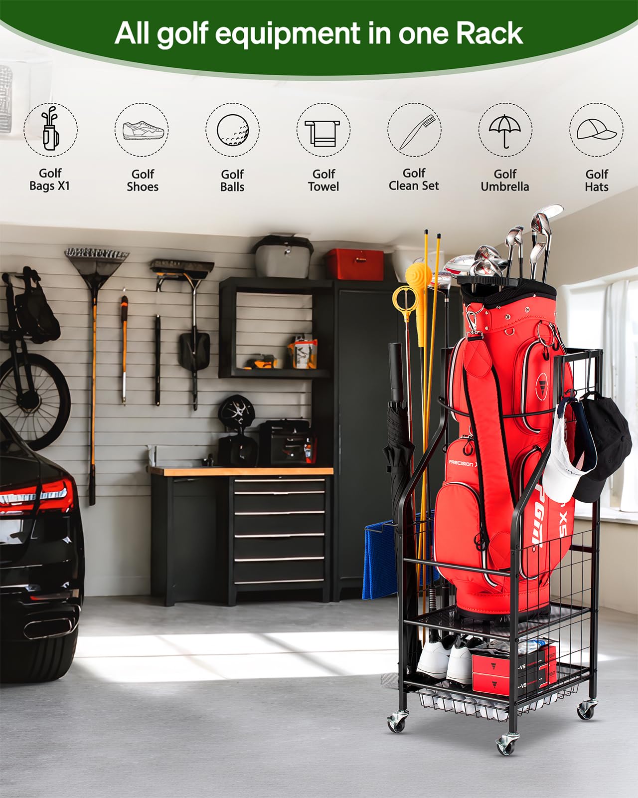 FHXZH Organizador de Almacenamiento para Bolsas de Golf, Soporte para Bolsas de Golf Individuales, Palos y Accesorios de Equipo con Ruedas