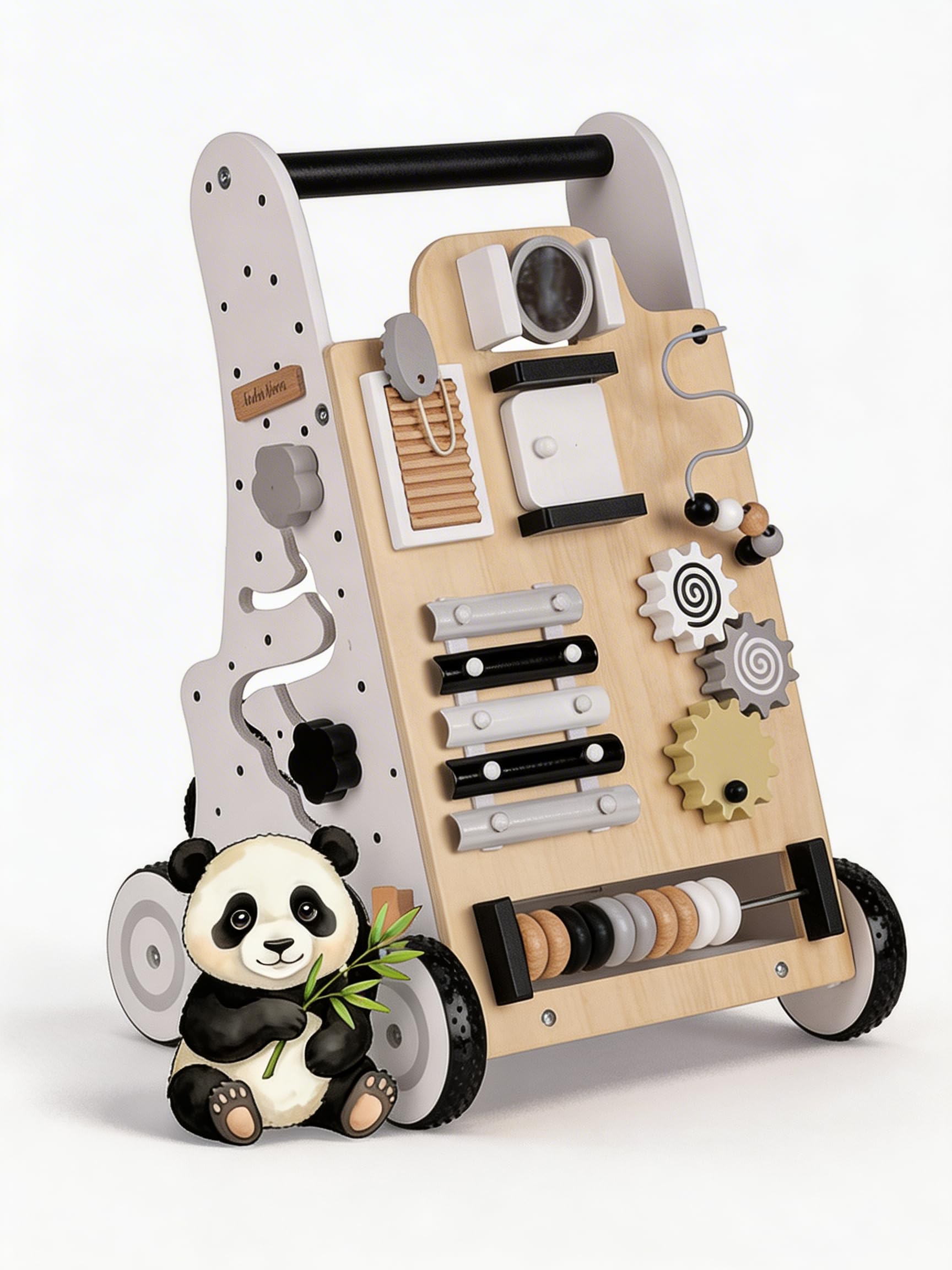 KiddyMoon Trotteur Avec Un Tableau D'activité, Bois Chariot De Marche Pour Bébé Multifonctionnel WK-001, Noir-Blanc