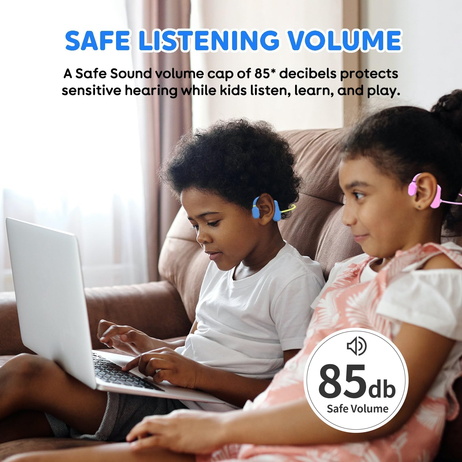 Auriculares para niños de oído abierto con volumen seguro de 85 dB, auriculares inalámbricos Bluetooth con protección para niños, auriculares de conducción de aire con micrófono para niños y niñas,