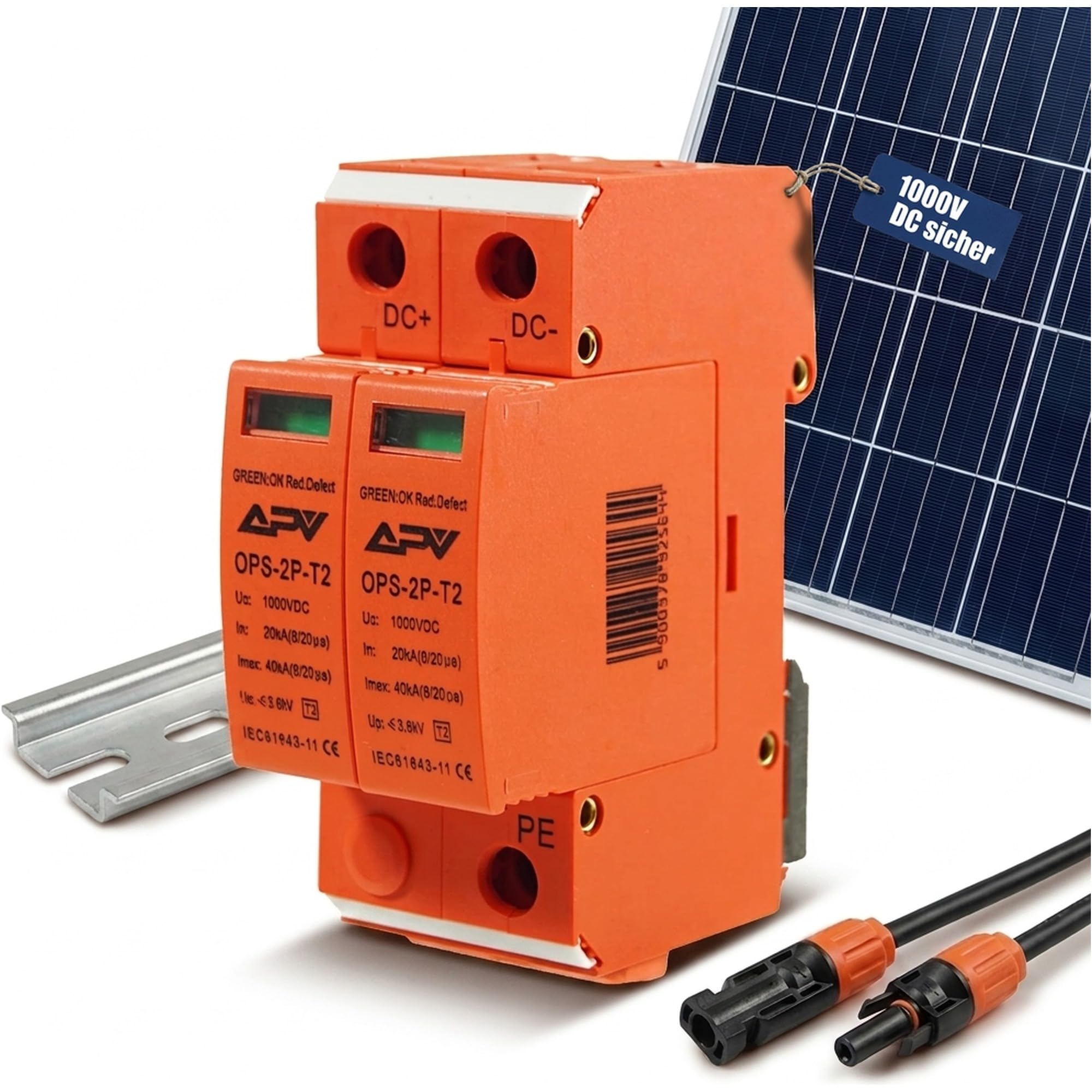 Parafoudre de protection contre les surtensions C (T2) 2 pôles pour montage sur rail DIN photovoltaïque 1000 V DC 40 kA PV