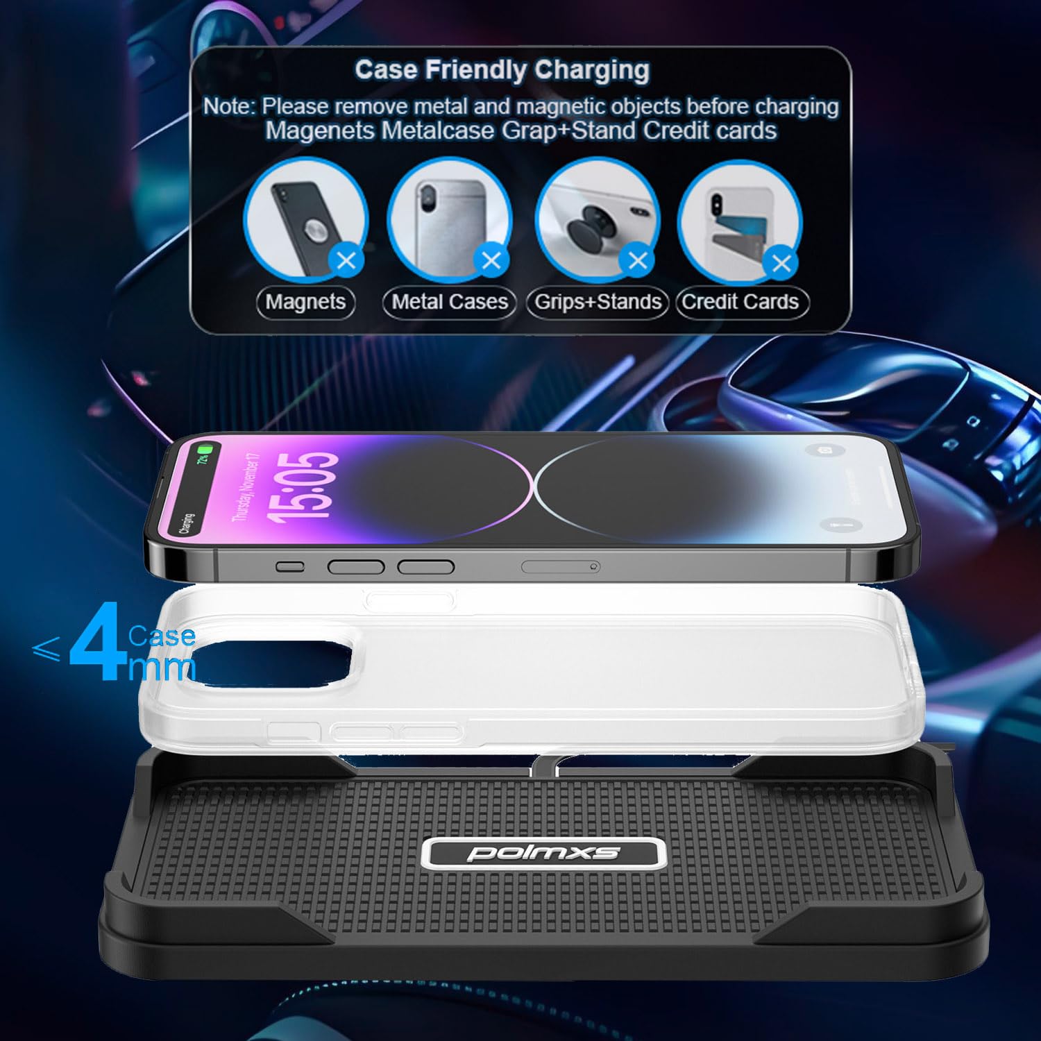 POLMXS - Caricabatterie wireless per auto, 15 W, veloce caricabatterie wireless per telefono cellulare, tappetino di ricarica compatibile con iPhone 11/12/12/14/15, Galaxy S21/S22/S23/24 (C12Y)