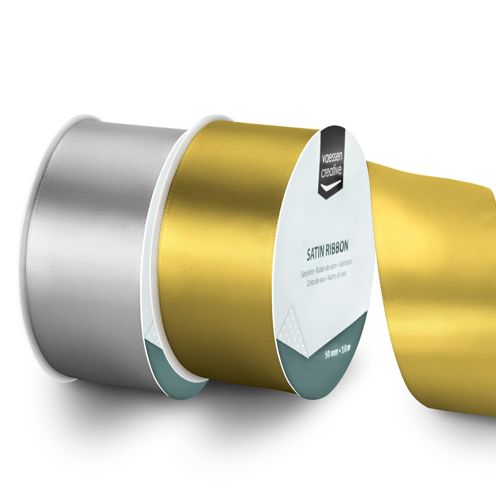 Vaessen Creative Satin Ribbon Set - 2 Christmas Colours of 32.8 ft x 2" - Silver & Gold - Thin Ribbon for Gift Wrapping and Crafting