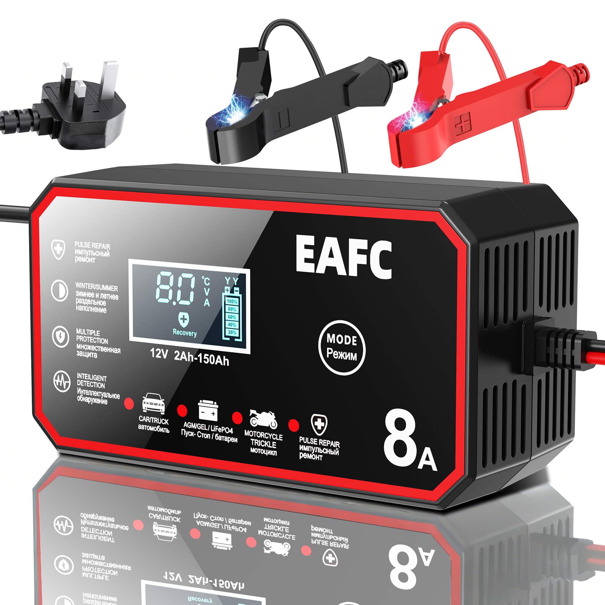 Cargador inteligente de batería de coche de 12 V 8 A, reparación de pulsos, carga rápida para coche, Moto AGM, gel, plomo ácido, LiFePO4, carga de batería con pantalla LCD y modo de reparación