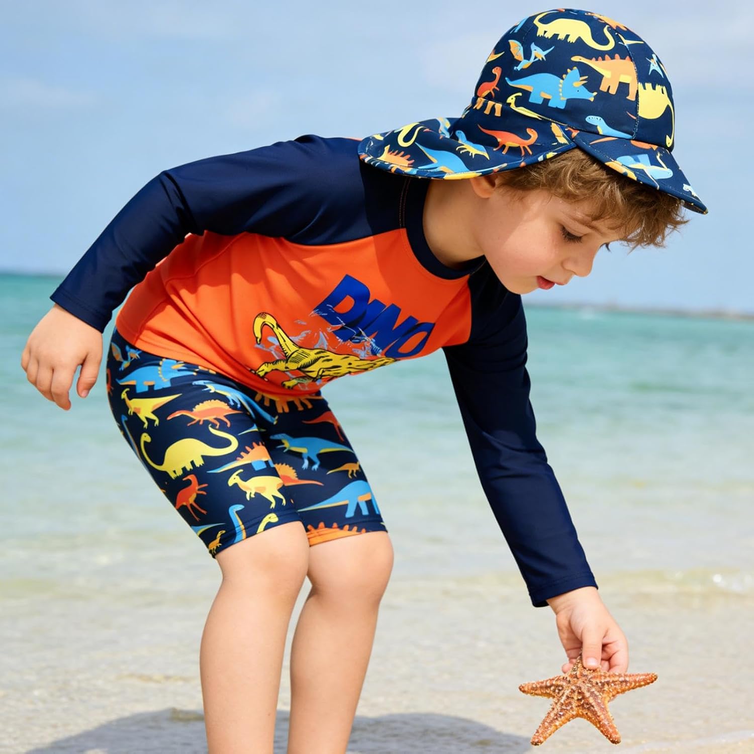 Toddlers Boys 3PCS Rashguard Swimsuit Long Sleeve Top and Slim-fit Swim Shorts Sets with Sun Hat Boys Bathing Suit 1-5T image 2