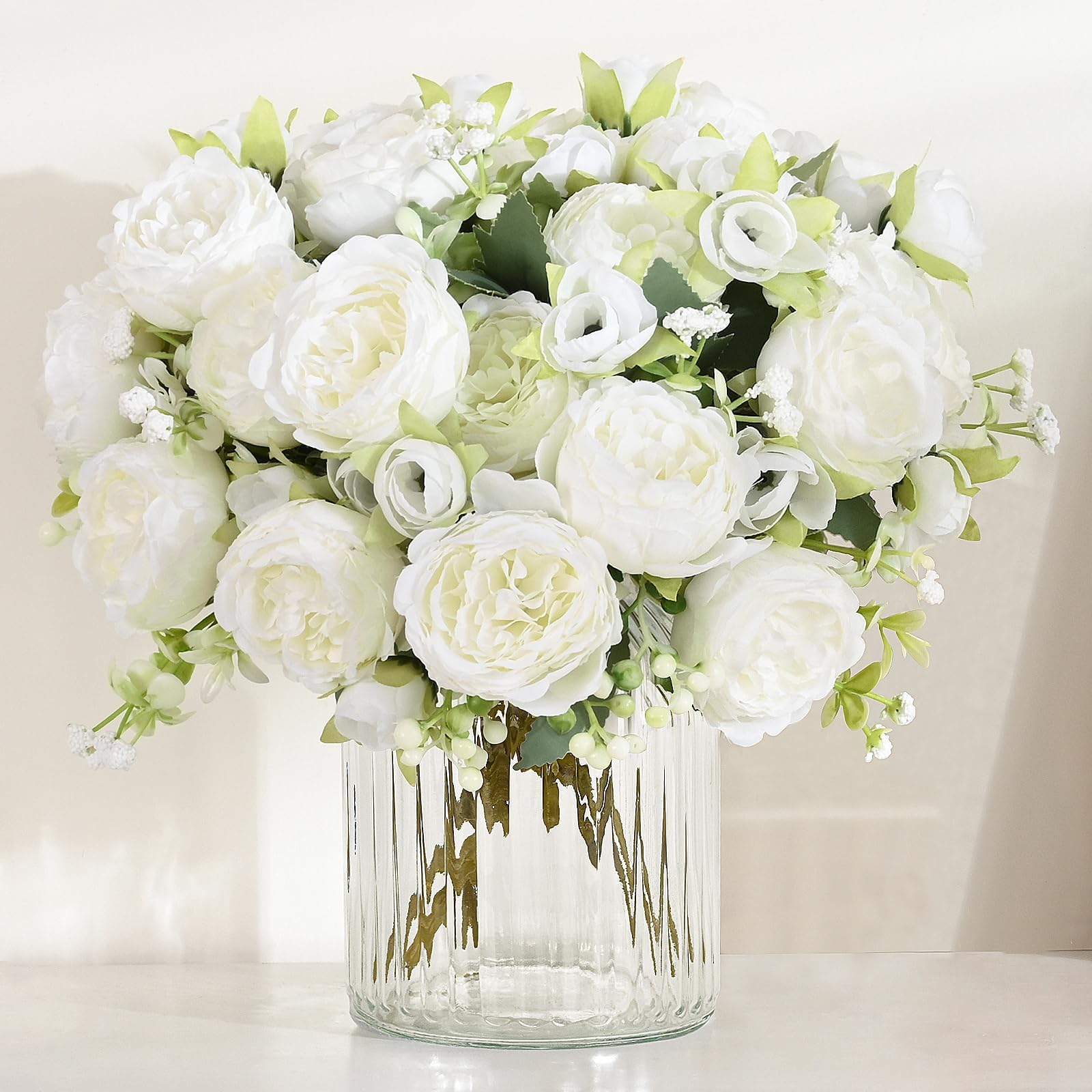 MARTINE MALL 2 Packs Peonies Artificial Flowers, White Artificial Peonies, Silk Peonies Flowers Fake Peonies Artificial Flowers Peonies Bouquet for Centerpiece Table Wedding Party Home Decor