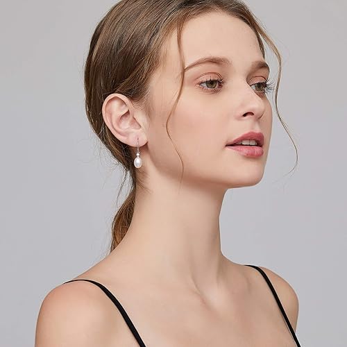 Miniatura 5 de 18K White Gold Plated Pearl Hangling Earrings for Women, 925 Sterling Silver Cubic Zirconia Pearl Dangle Drop Earrings with Fish Hook, Pearl Jewelry